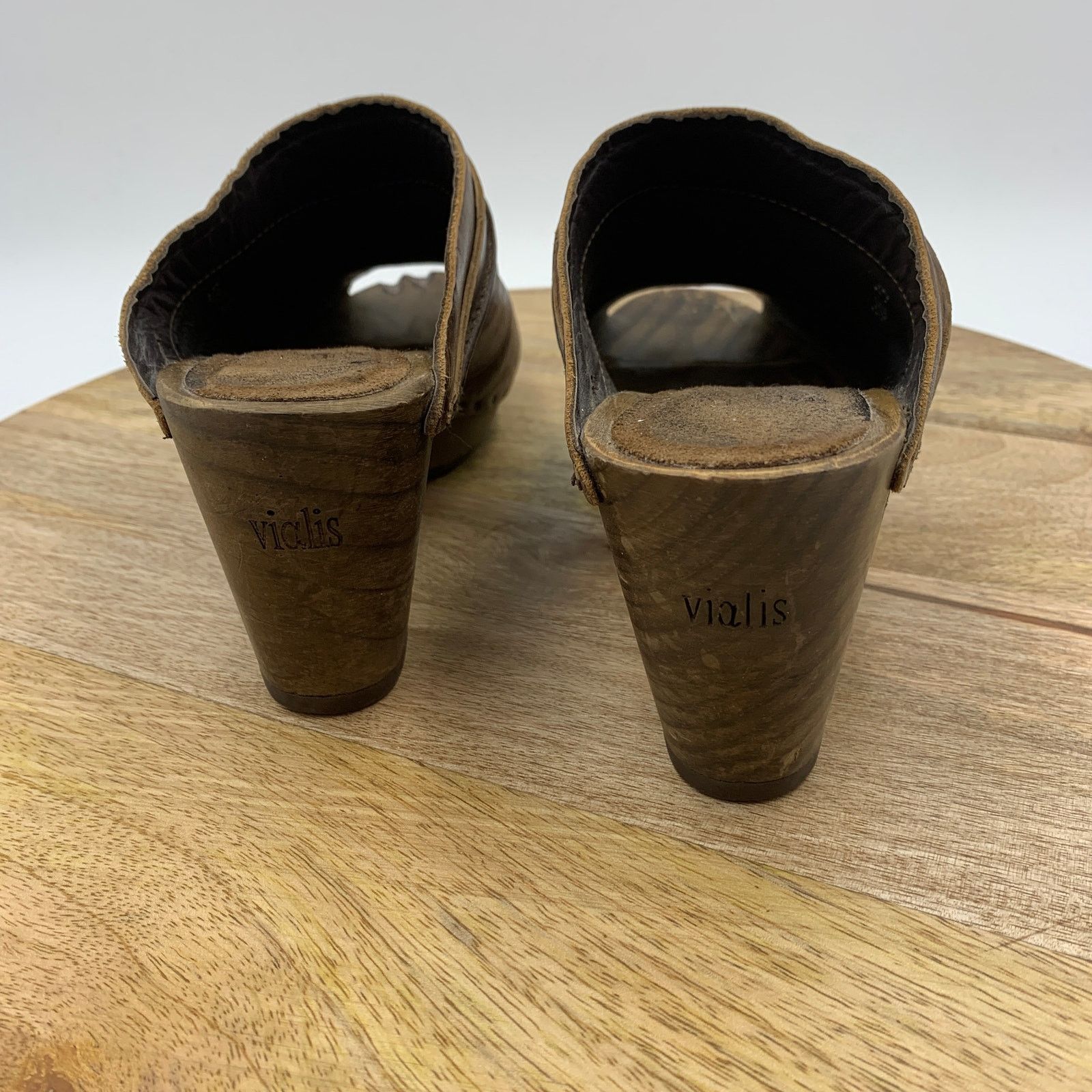 Other Vialis Wooden Peep Toe Mules Clogs Leather Brown Size US 8 / IT 38 - 4 Thumbnail