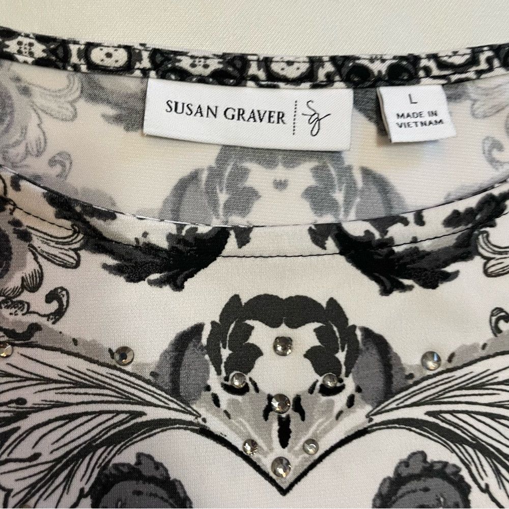Other Susan Graver Black White Embellished Short Sleeve Top Size Size L / US 10 / IT 46 - 6 Thumbnail