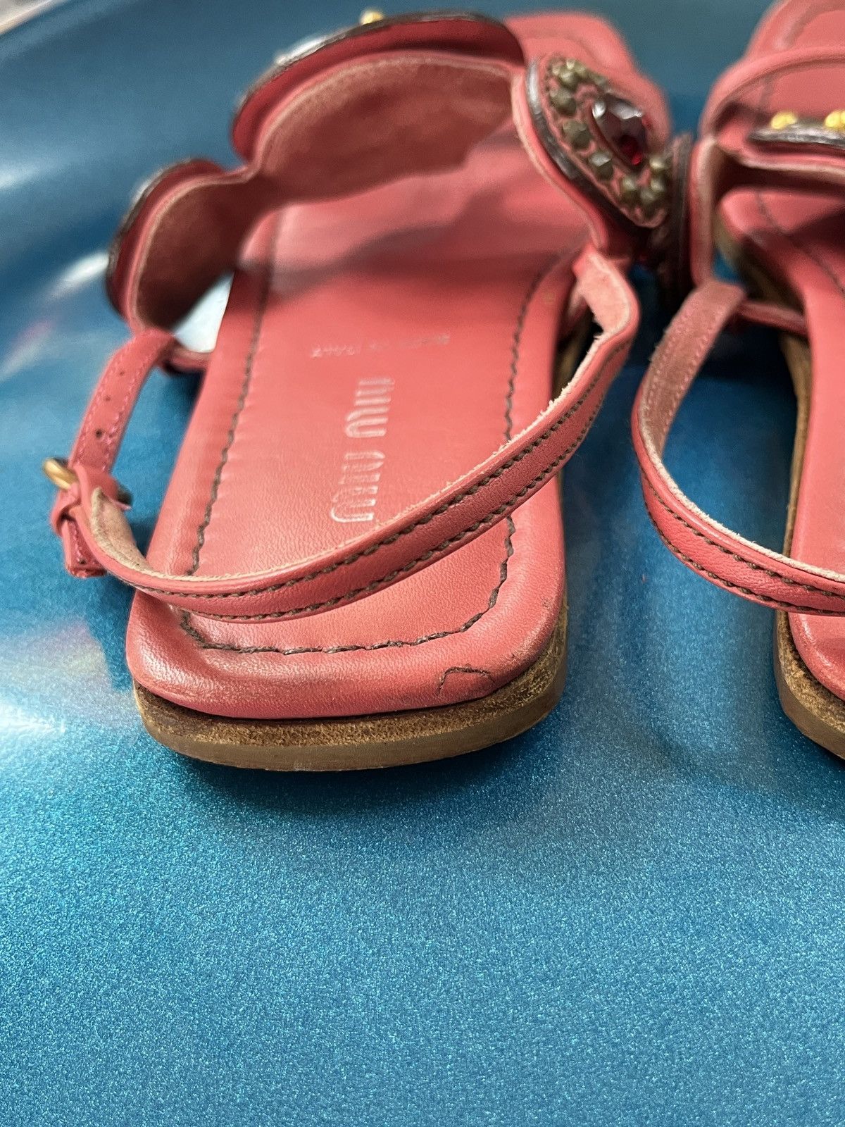 Prada Miu Miu Rare T-Strap Gemstud Leather Sandals Size US 5 / IT 35 - 10 Thumbnail