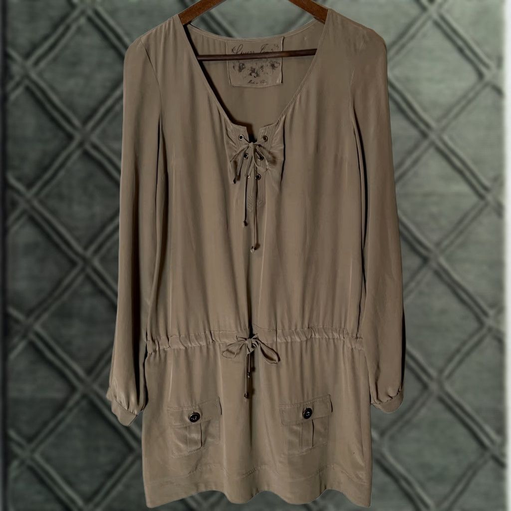 Guess GUESS Silk Green Long Sleeve Shirt Dress - Cargo, Drawstring Waist, Size 7 M, Velvet/Logo Details, V-Neck, Pockets, 90s Theme, Women Size M / US 6-8 / IT 42-44 - 1 Thumbnail