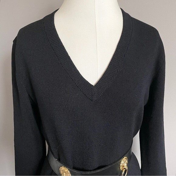 St. John St John Black Wool Blend Santana Knit V-Neck Knee Dress 🇺🇸 Size M / US 6-8 / IT 42-44 - 3 Thumbnail