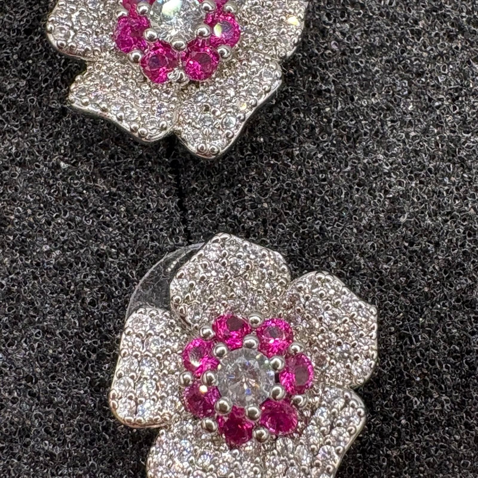 Other Sterling Silver Magenta Floral Stud Earrings- Rhodium Plated Size ONE SIZE - 2 Thumbnail