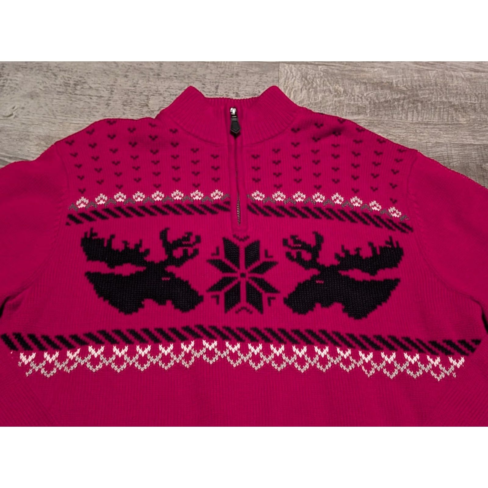 Chaps Chaps Sweater Mens L Red Moose Snowflake Fair Isle Christmas 100% Cotton Knit Pullover 1/4 Zip Mock Neck Size US L / EU 52-54 / 3 - 3 Thumbnail