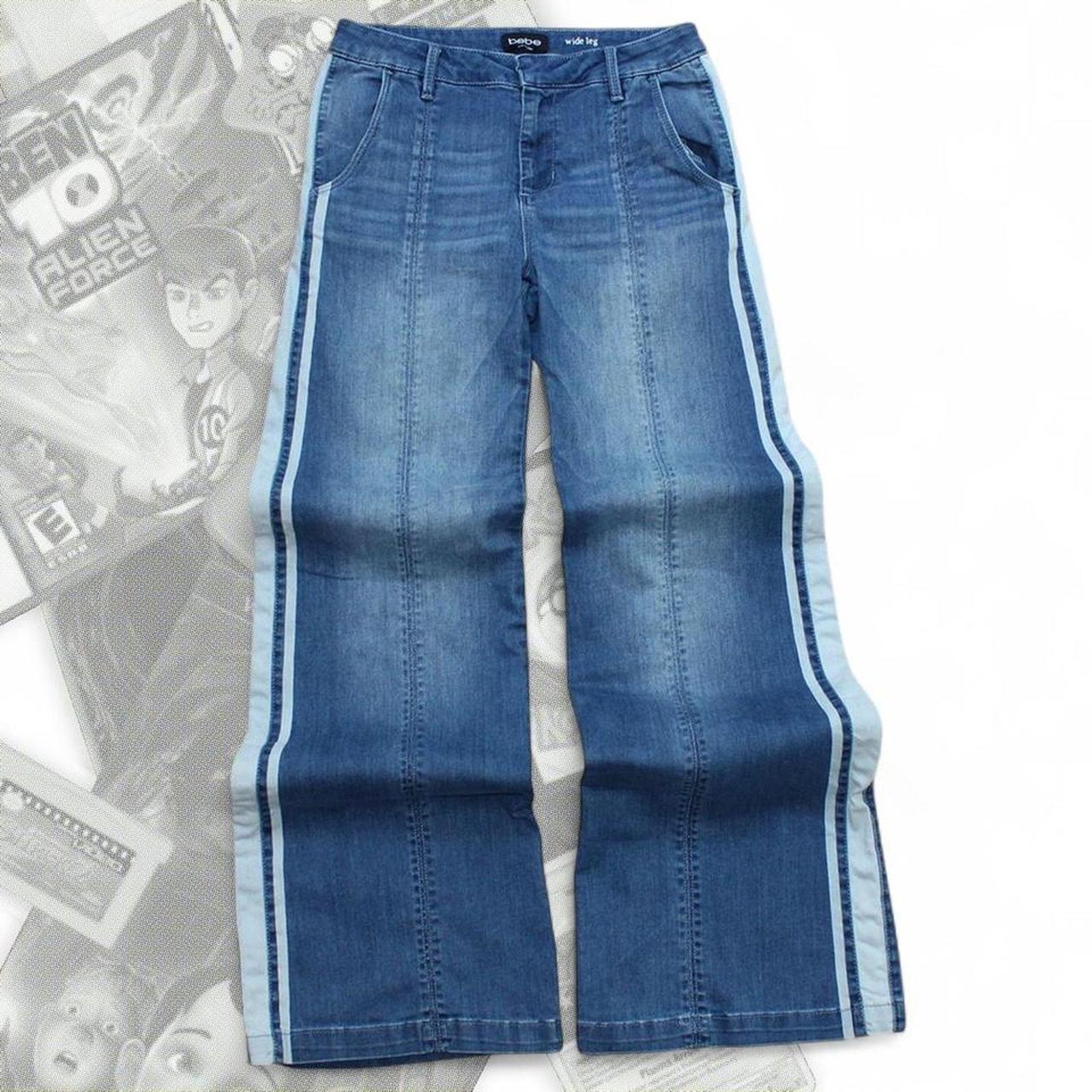 Bebe Y2K Bebe Wide Leg Bootcut Striped Blue Denim Jeans Size 24" / US 00 / IT 34 - 1 Thumbnail