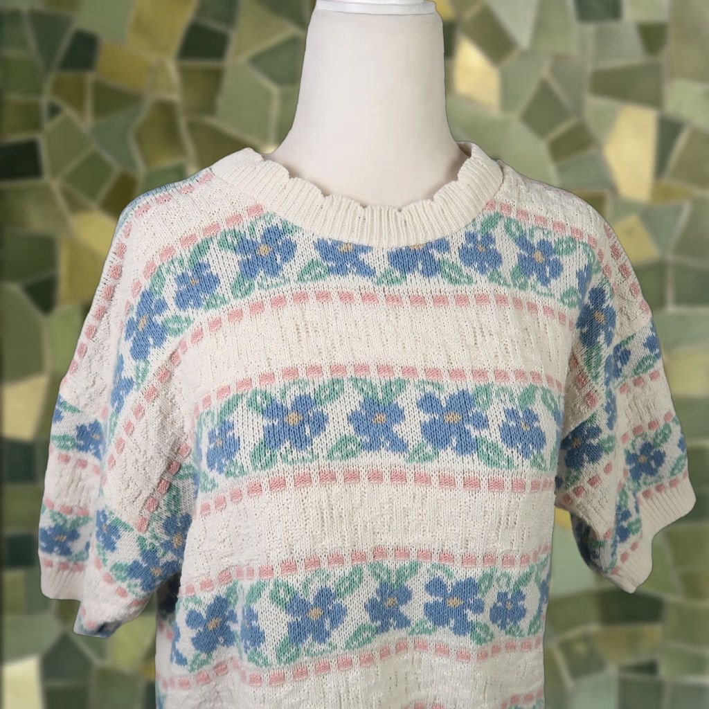 Vintage VINTAGE 80s Cape Cod Cream Blue Floral Stripe Short Sleeve Knit Sweater M Womens Size M / US 6-8 / IT 42-44 - 1 Thumbnail