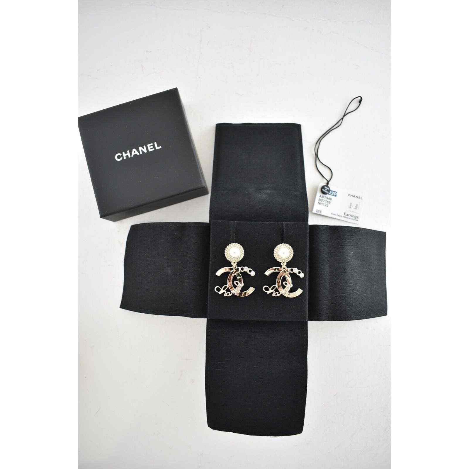 Chanel Chanel Gold Crystal Pearl White Dangle Statement Earrings Size ONE SIZE - 2 Thumbnail