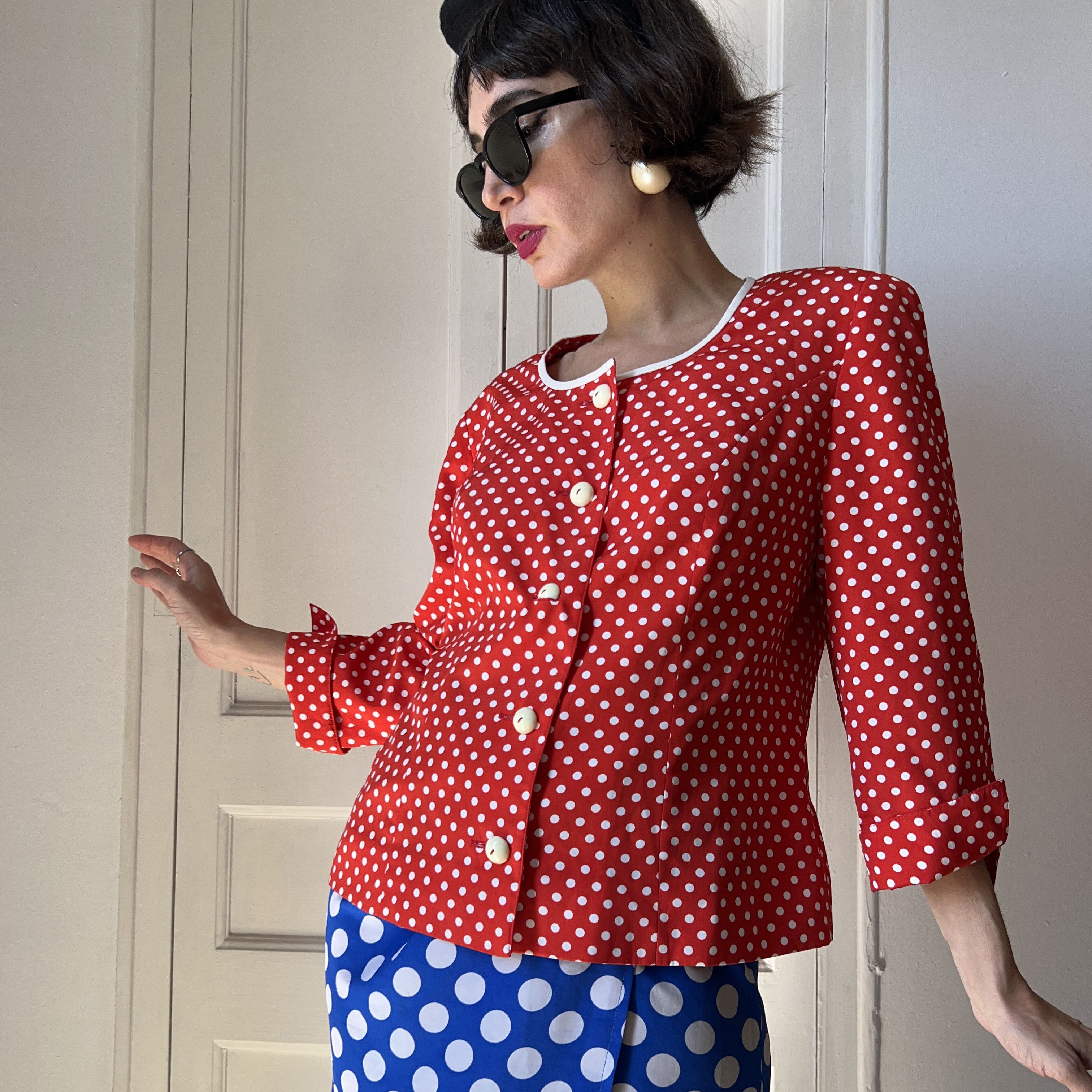 Vintage Vintage 80s Red Polka Dot Blazer Size L / US 10 / IT 46 - 7 Thumbnail