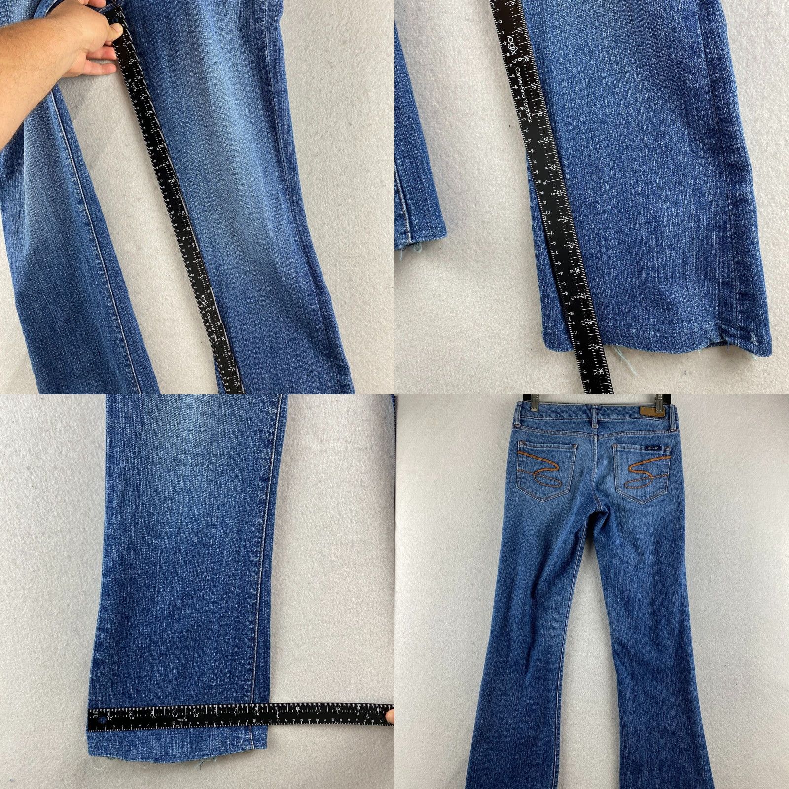Vintage Seven7 Jeans Womens Flared Jeans 27 Blue Low-Rise Distressed Embroidered Denim Pants Size 27" / US 4 / IT 40 - 9 Thumbnail
