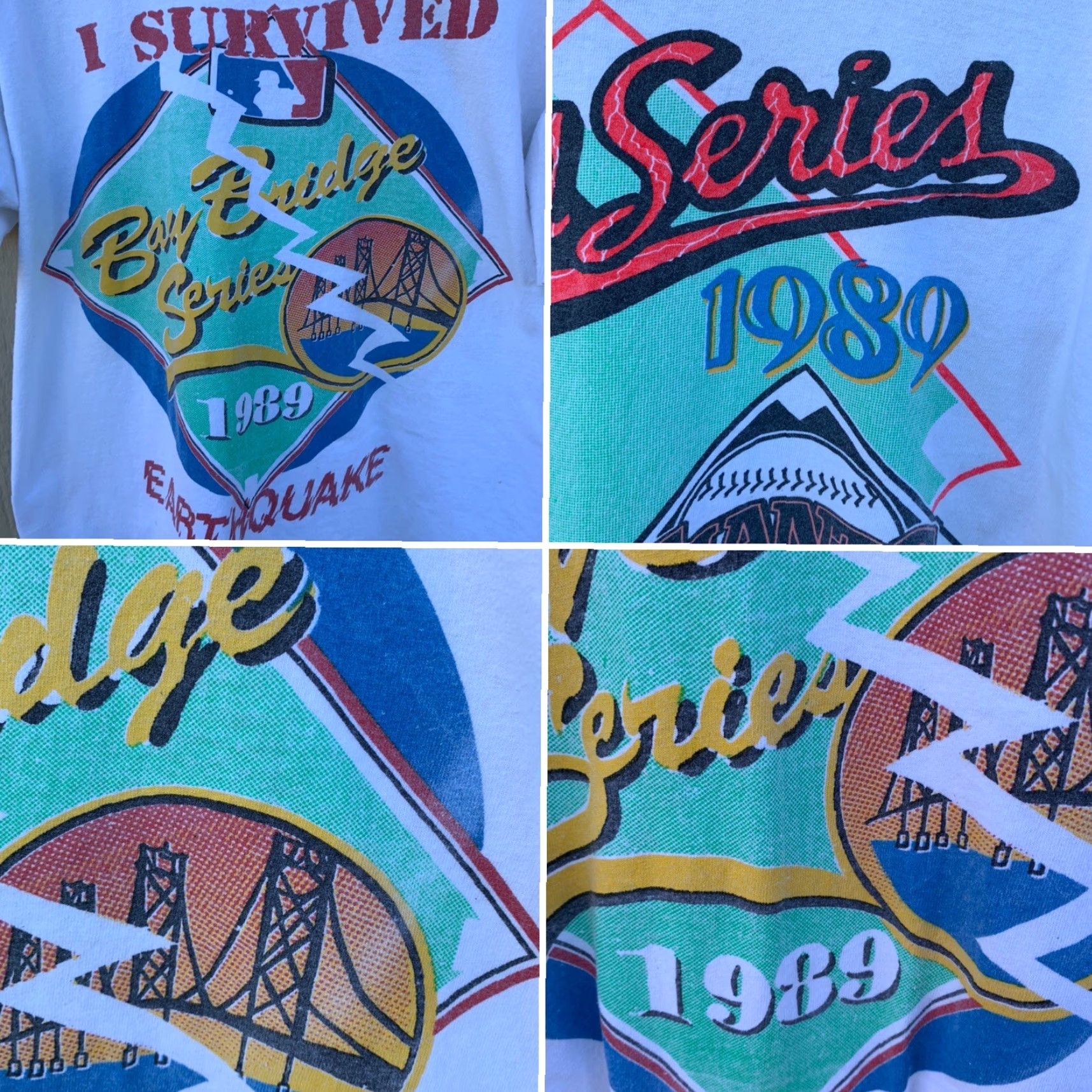 Vintage VINTAGE I Survived Bay Bridge Series 1989 Earthquake World Series t-shirt XL Shirt Men White 1989 Earthquake World Series A’s Giants Graphic Tee Size US XL / EU 56 / 4 - 7 Thumbnail