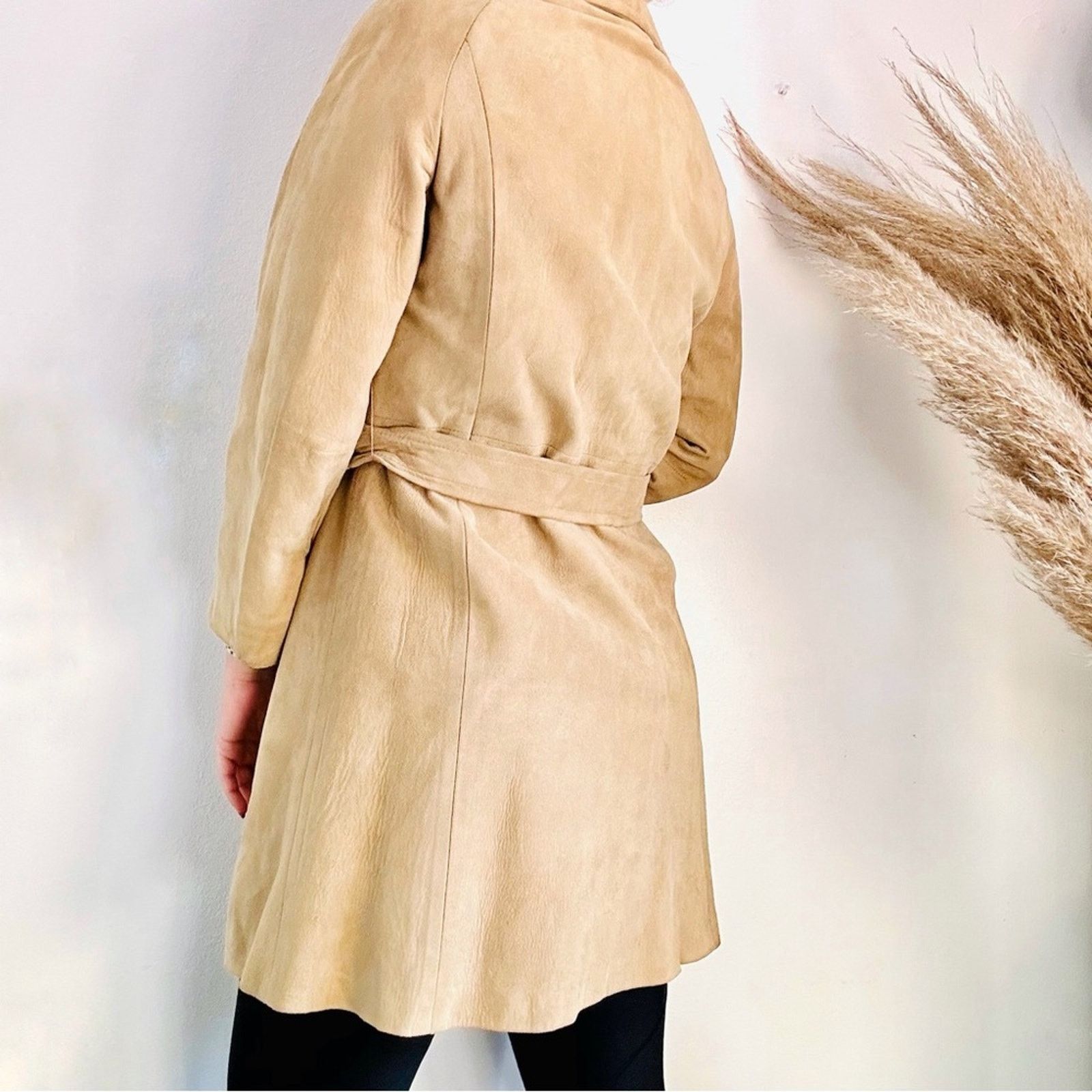 Vintage VINTAGE Beige Tan Camel Suede Leather Trench Coat Tie Jacket Size M / US 6-8 / IT 42-44 - 6 Thumbnail