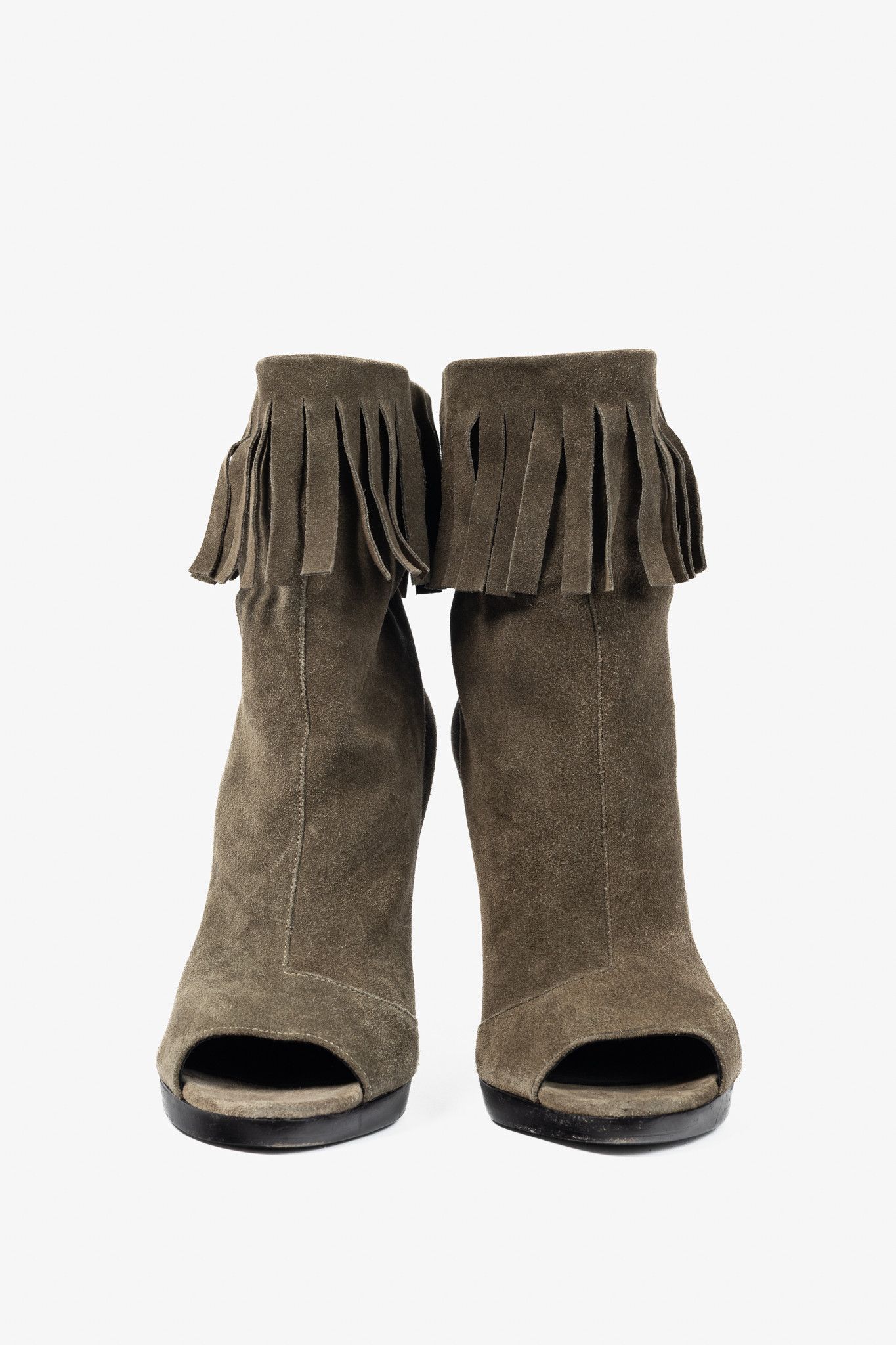 Burberry Burberry Pelling Khaki Suede Fringe Peep-Toe Booties Size US 8.5 / IT 38.5 - 2 Thumbnail
