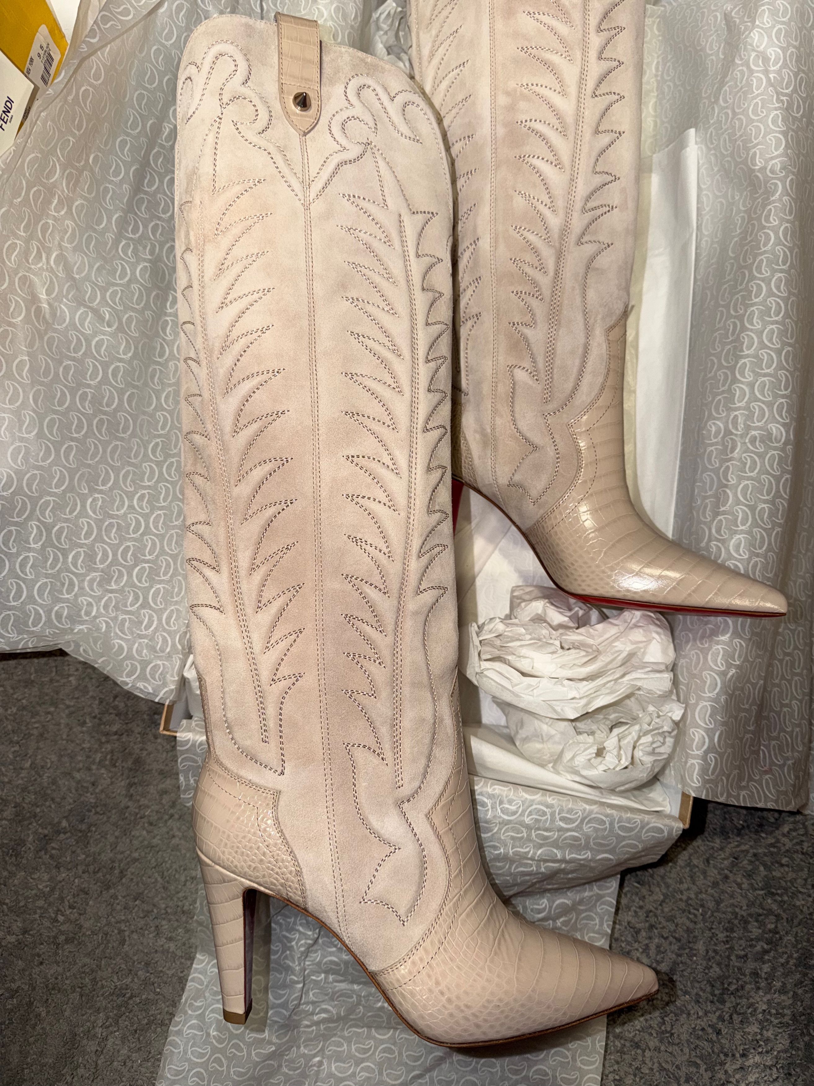 Christian Louboutin Santia Botta 85 Pearl Beige Western Knee High Heel Boot 38 Size US 8 / IT 38 - 3 Thumbnail