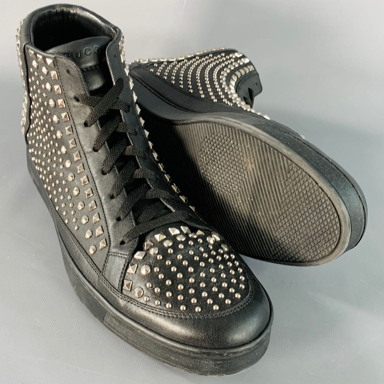 Gucci GUCCI 14 Black Silver Studded Leather High Top Sneakers Size US 14 / EU 47 - 4 Thumbnail