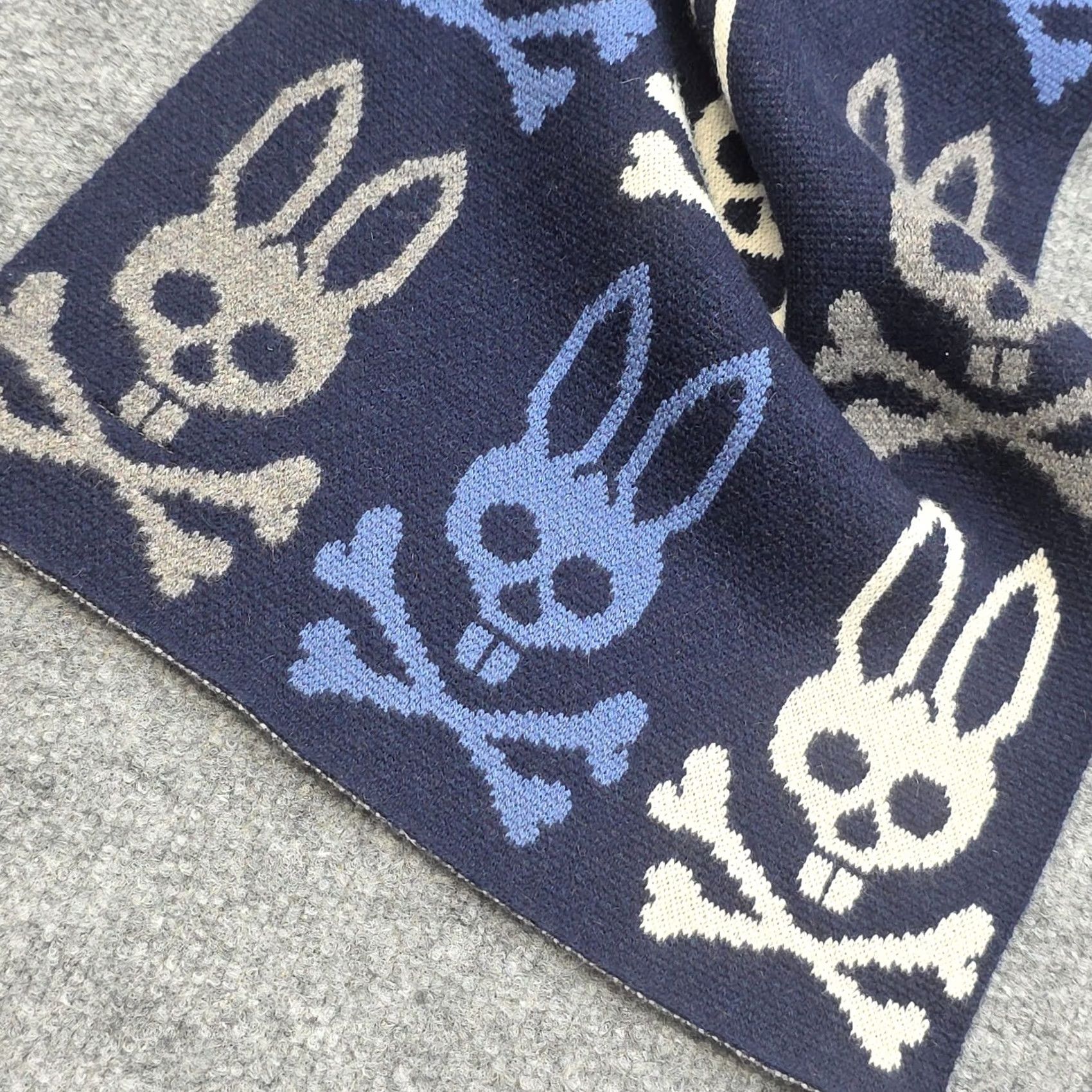 Psycho Bunny VINTAGE Psycho Bunny Scarf Men One Size Blue AOP 65" x 12" 100% Cashmere Wool Wool Blend Cashmere Scarf Neck Warmer Bunny Skull Crossbones Fun Theme Size ONE SIZE - 2 Thumbnail