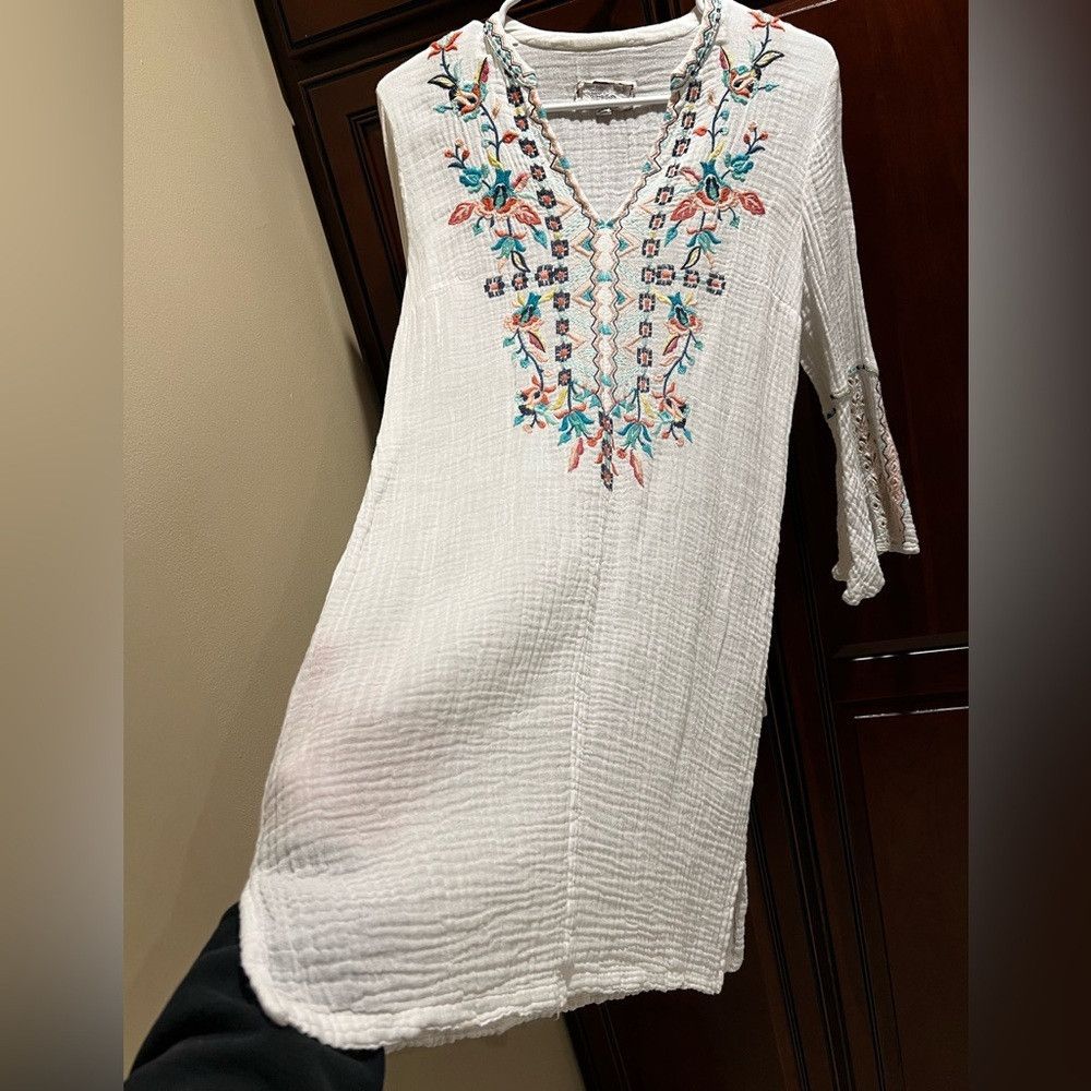 Johnny Was Johnny Was White Lined Multicolored Embroidery Dress - XS Size XS / US 0-2 / IT 36-38 - 4 Thumbnail