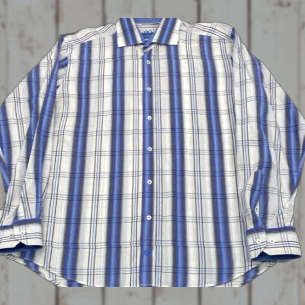 BUGATCHI Bugatchi Uomo Mens XL Long Sleeve Button Up Blue Plaid Shirt Cotton 3870 Size US XL / EU 56 / 4 - 1 Thumbnail