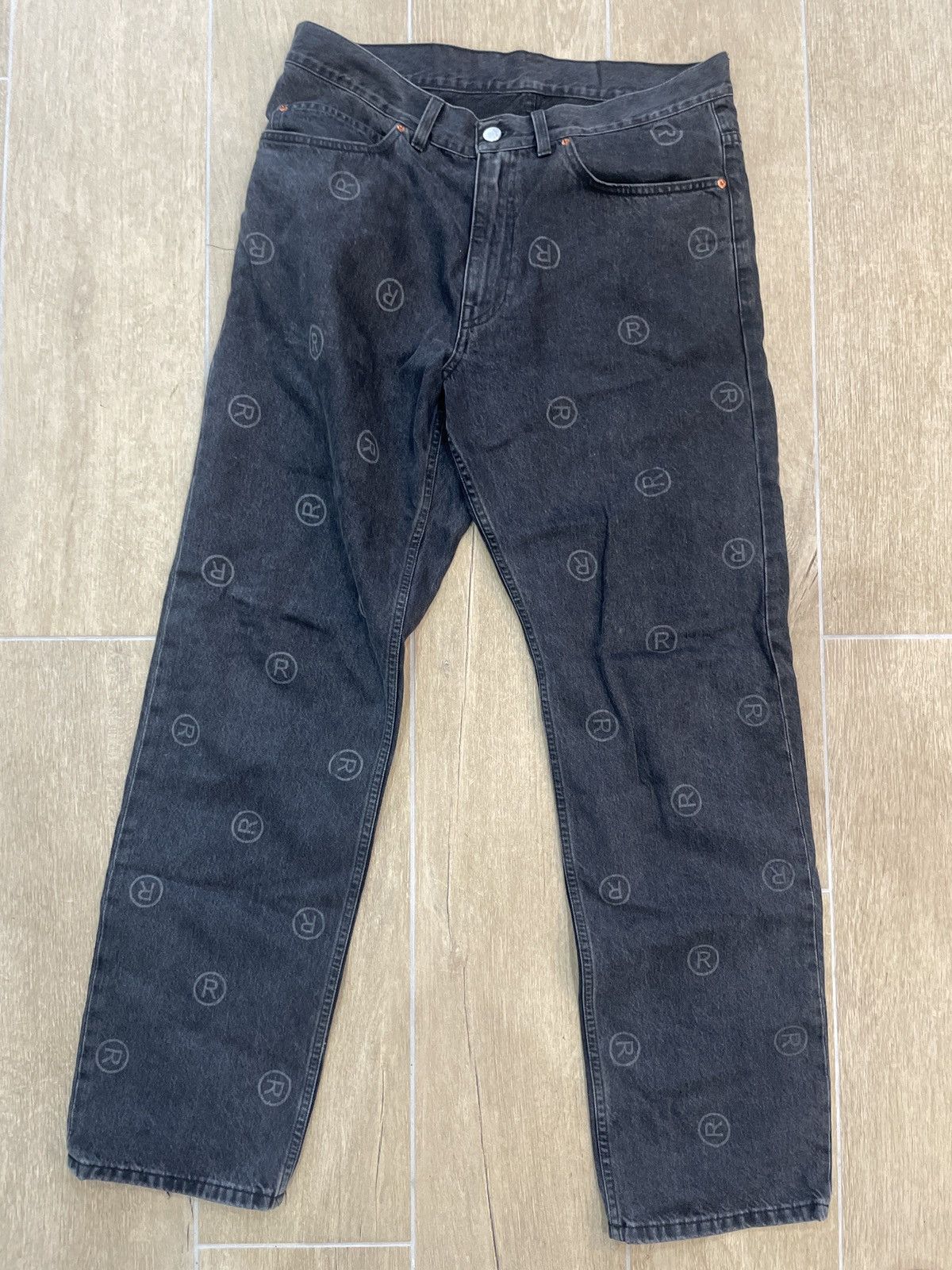 image of Martine Rose Logo-Print Straight-Leg Jeans in Black Denim, Men's (Size 32)
