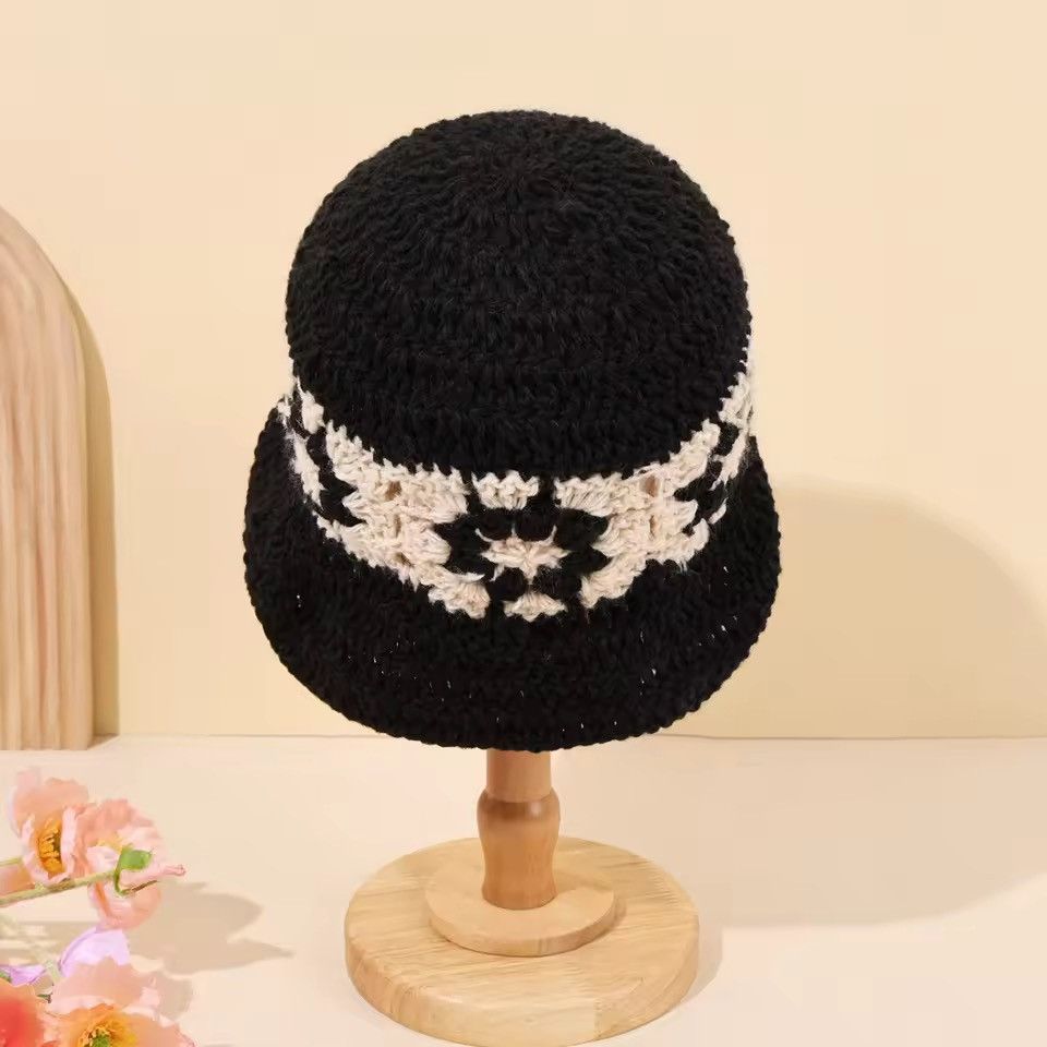 Handmade Retro Splicing Knitted Striped Hollow Bucket Hat Size ONE SIZE - 6 Thumbnail