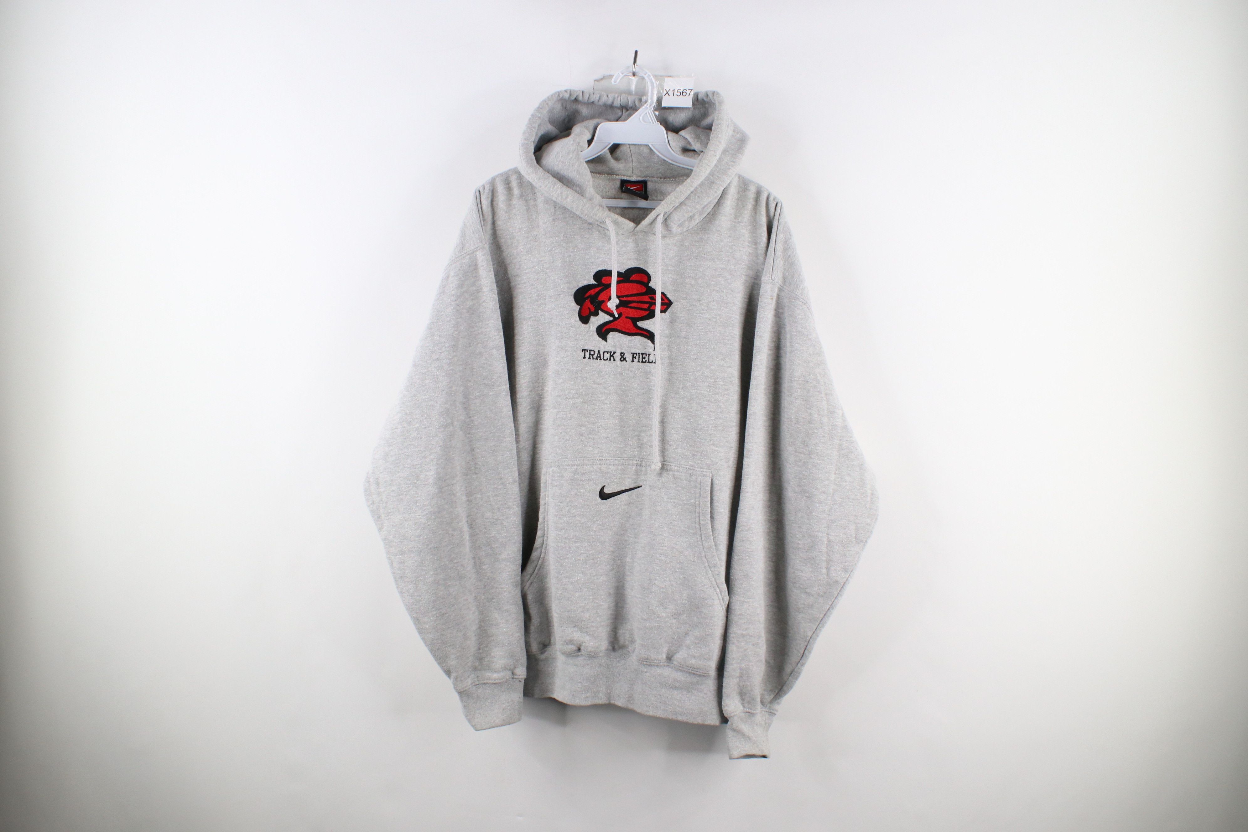 image of Nike Center Swoosh Track & Field Hoodie Sweatshirt in Grey, Men's (Size Large)