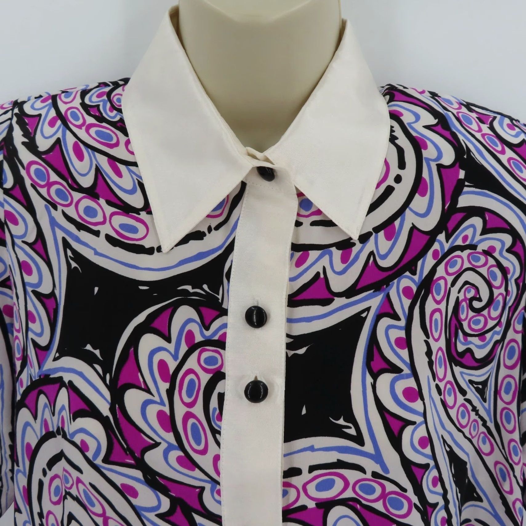 VINTAGE Bob Mackie Womens XS Purple Black White Paisley Scroll Collar Shirt All Silk NEW