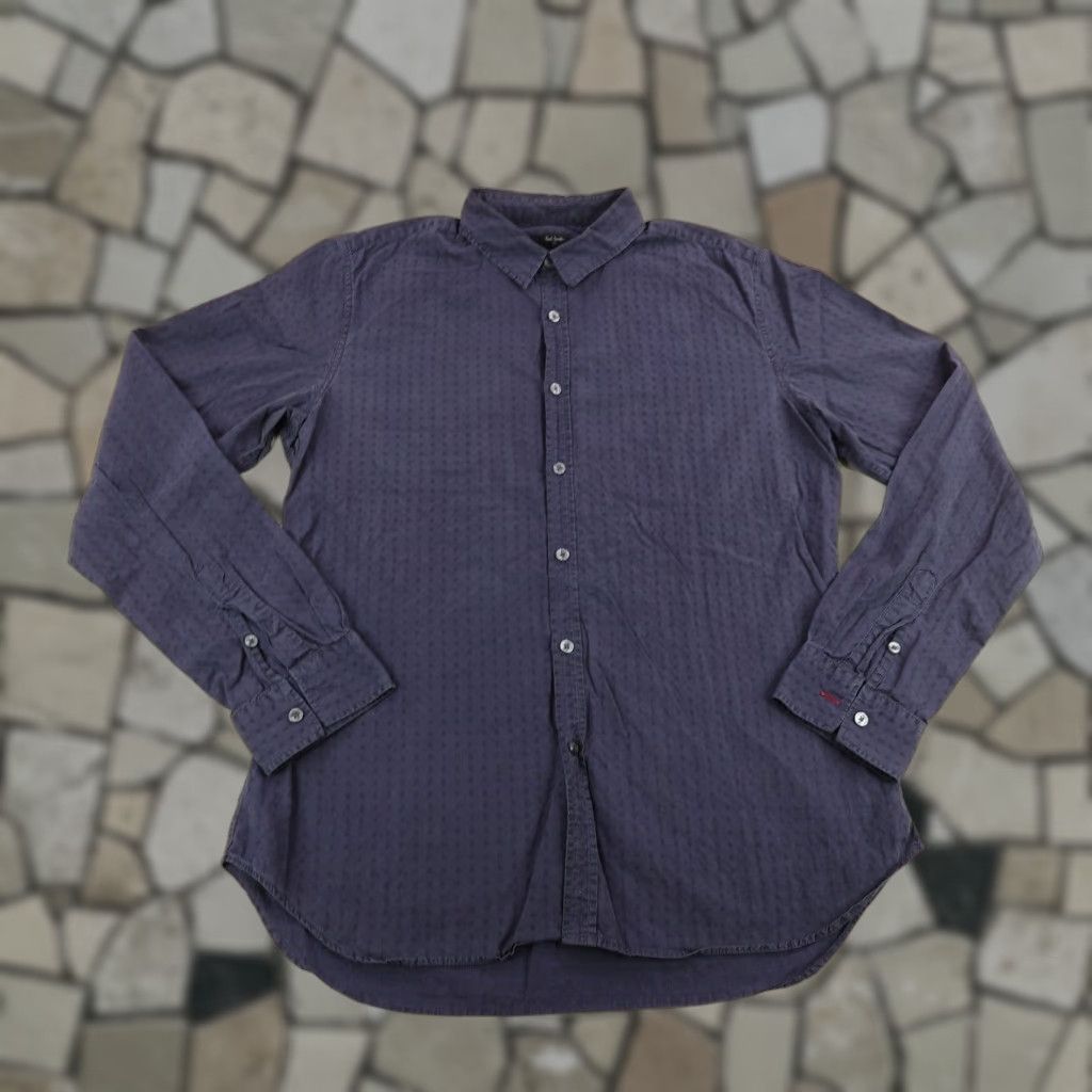Paul Smith Shirt Mens Large Navy Blue Button-Up Textured Embroidered Dot Cotton Long Sleeve Mens