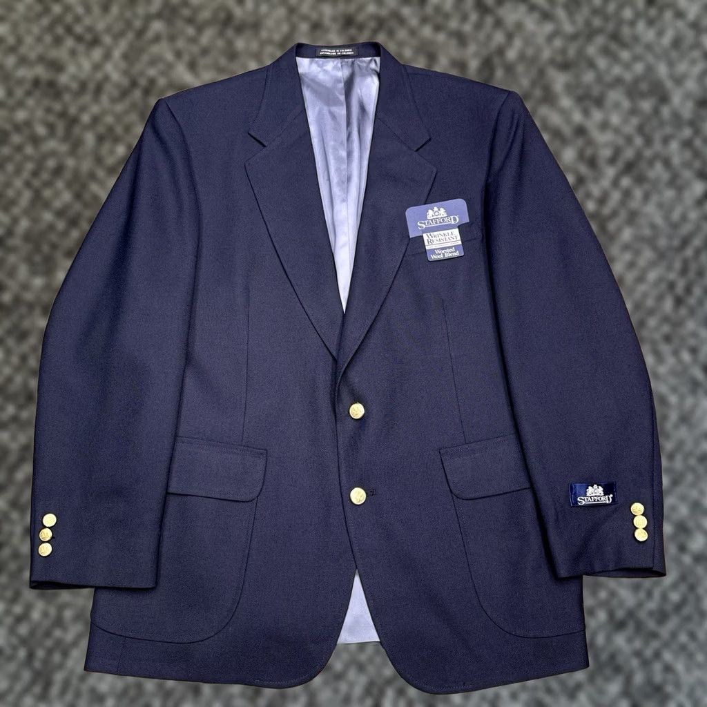 Stafford Stafford Blazer 43R Navy Wool Polyester Notch Lapel 4-Button Single-Breasted Sport Coat Men Regular Vintage No Size 46R - 1 Thumbnail