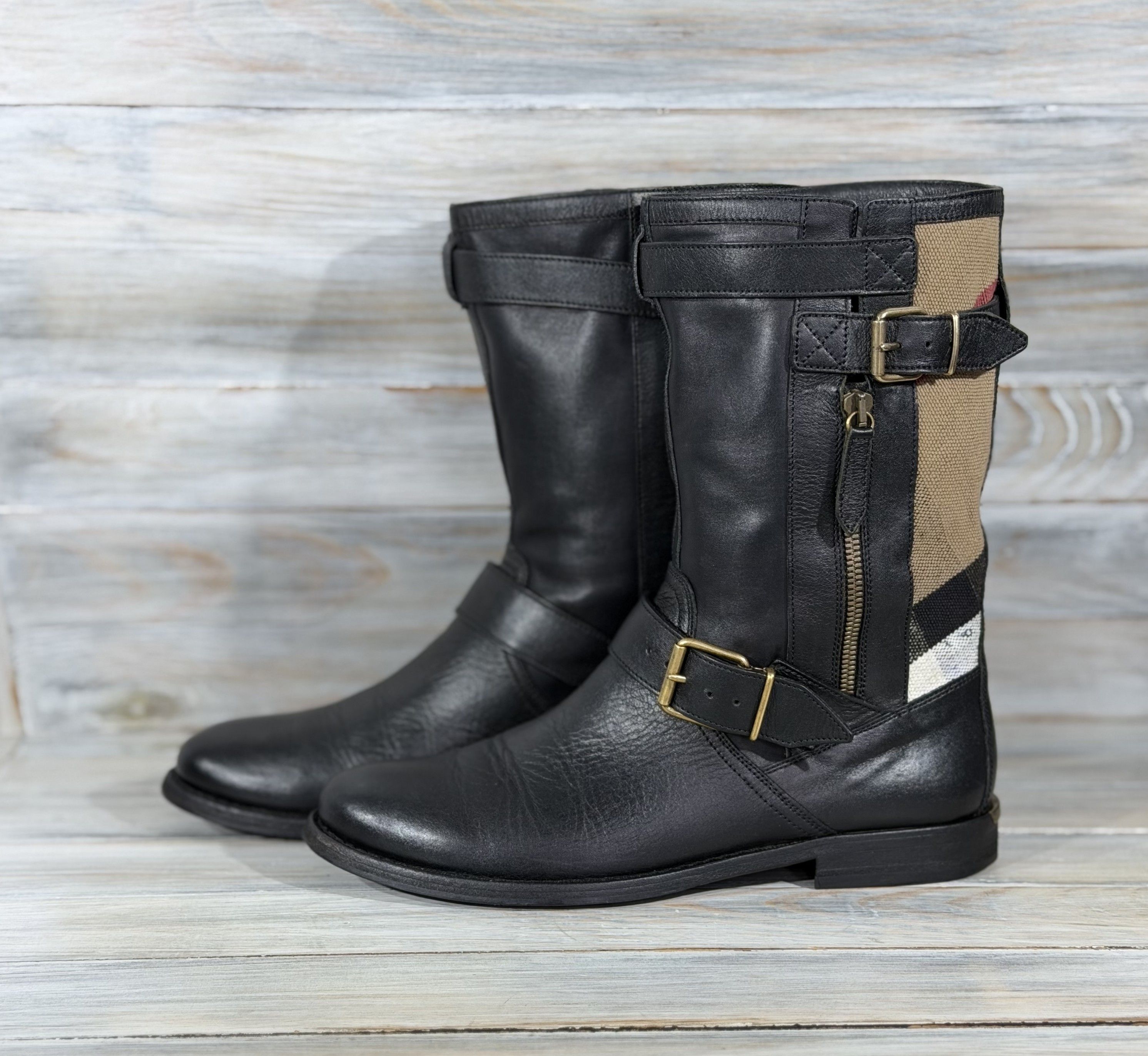 Burberry BURBERRY Nova Check Grantville Biker Leather Boots Italy Size US 8 / IT 38 - 21 Thumbnail