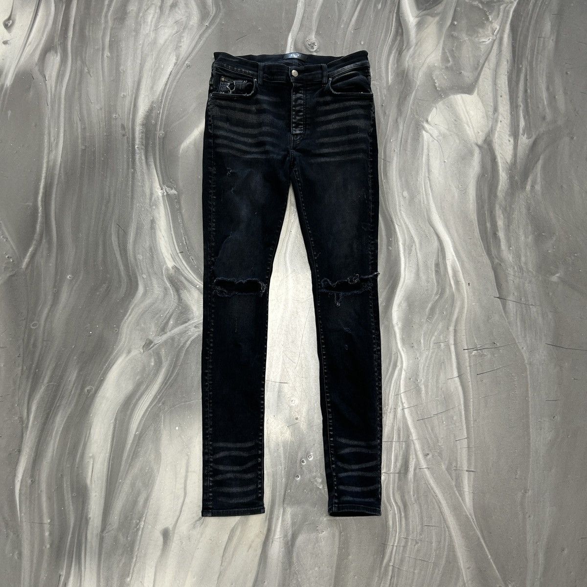 Amiri Amiri Broken Aged Black Knee Cut Slim Denim Jeans Size US 33 - 1 Thumbnail