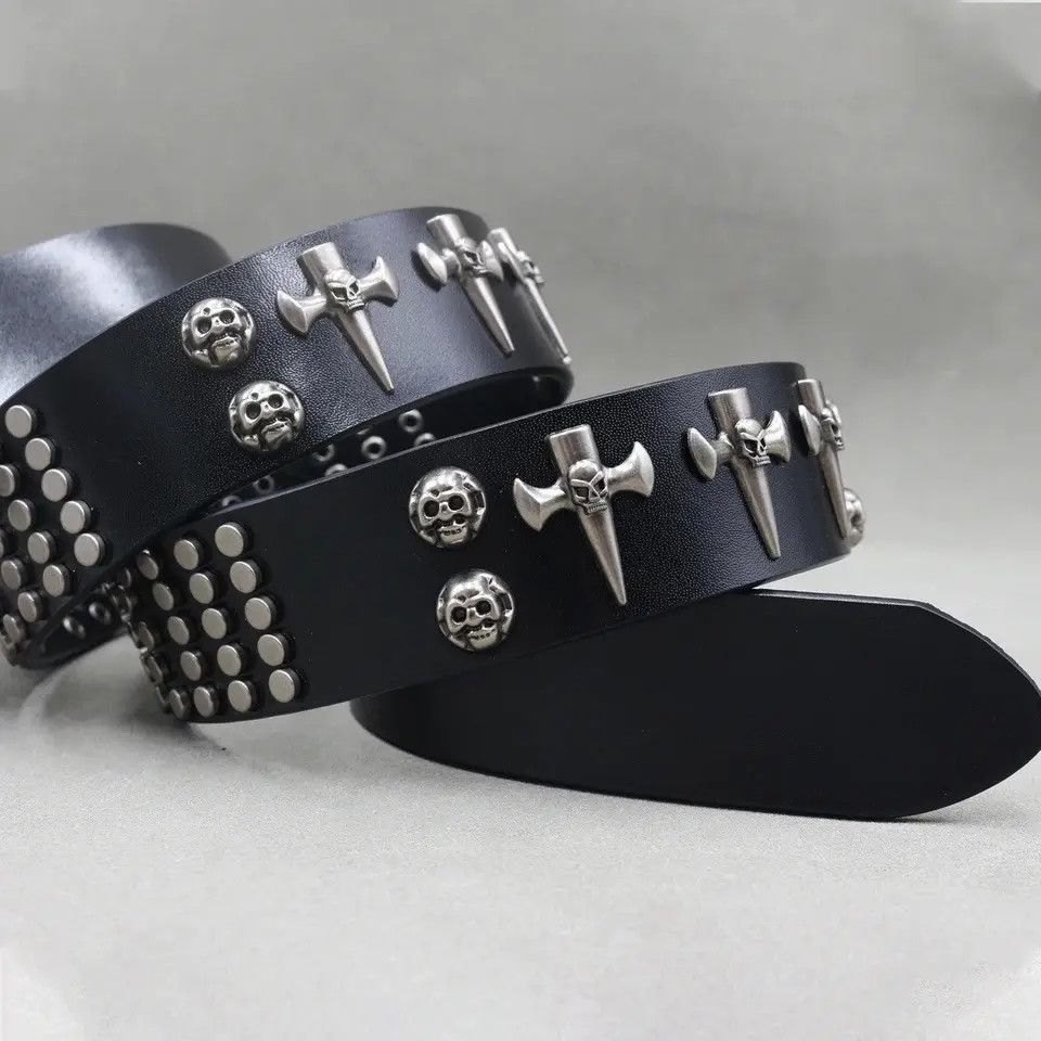 Leather Studded Skull Punk Rock Split Leather Belt Size ONE SIZE - 3 Thumbnail