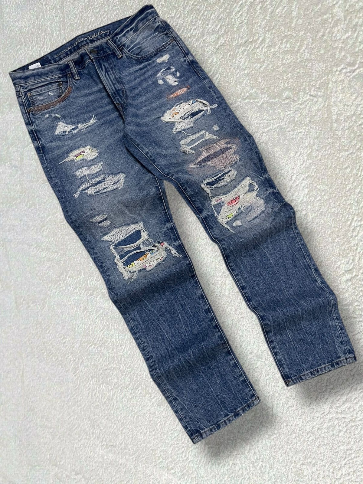 American Eagle Outfitters × Keith Haring × Vintage Designer American Eagle X Keith Hearing Patchwork Boro Denim Size US 32 / EU 48 - 2 Thumbnail