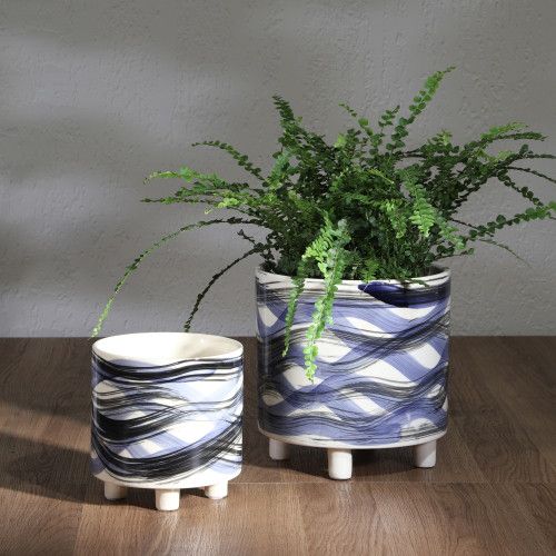 Designer × Homemade S/2 FOOTED PLANTERS 9/6", ABSTRACT BLUE Size US L / EU 52-54 / 3 - 8 Thumbnail