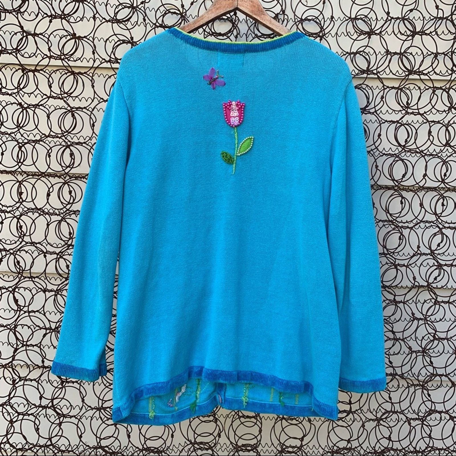 Vintage Quacker Factory blue cardigan spring flowers Size M / US 6-8 / IT 42-44 - 2 Thumbnail