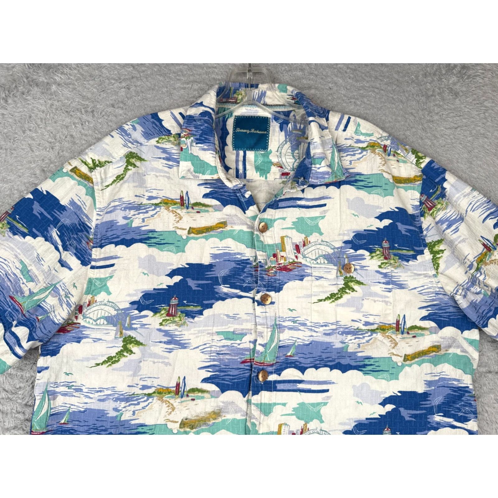 Tommy Bahama Tommy Bahama Shirt Men Large White Blue Sailboat Hawaiian Button Up Silk Blend Size US L / EU 52-54 / 3 - 4 Thumbnail