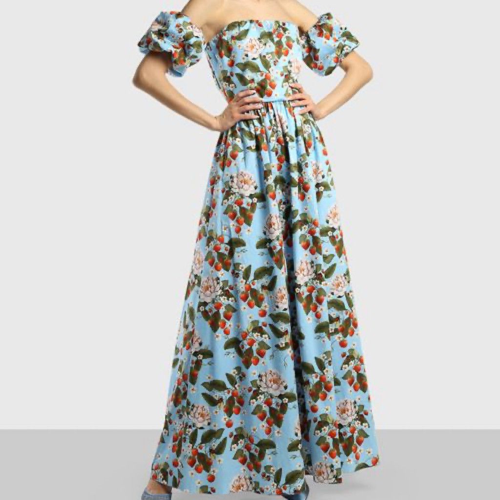 Zara Romantic Blue Strawberries and Floral Puff-Sleeve Maxi Dress Size S / US 4 / IT 40 - 6 Thumbnail