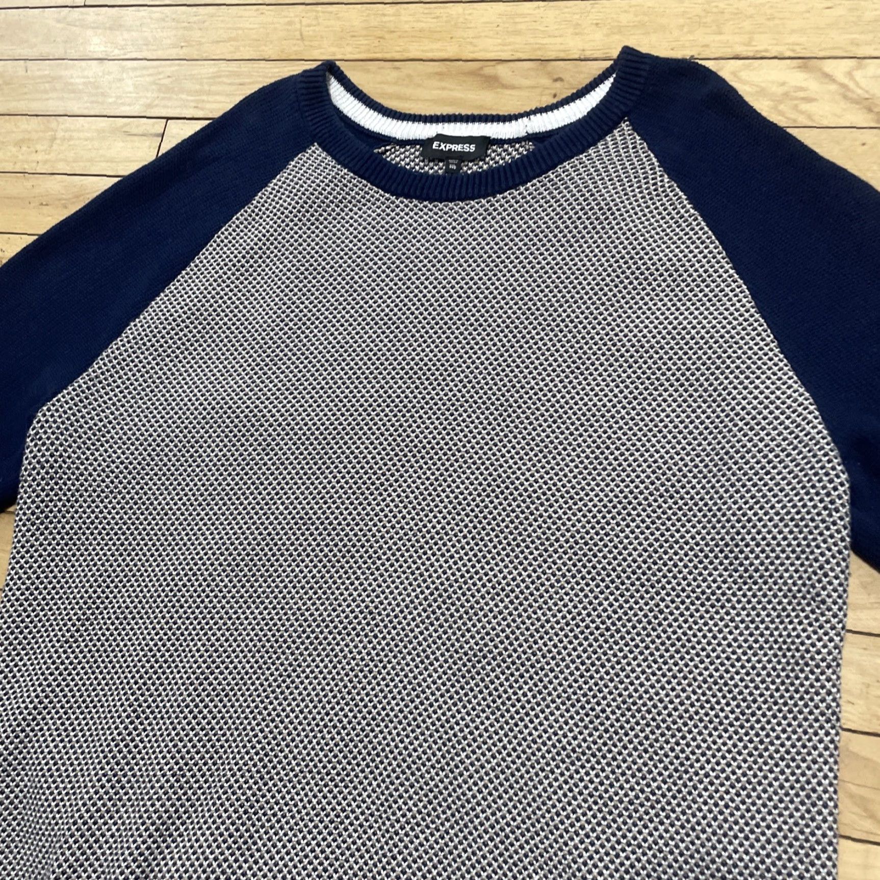 Express VINTAGE Express Knit Statement Sweater Men 2XL Texture Old Money Yacht Preppy Cotton XXL Cream Tan Blue, 80s 90s Classic, Wool? Wait - hold on. Size US XXL / EU 58 / 5 - 4 Thumbnail