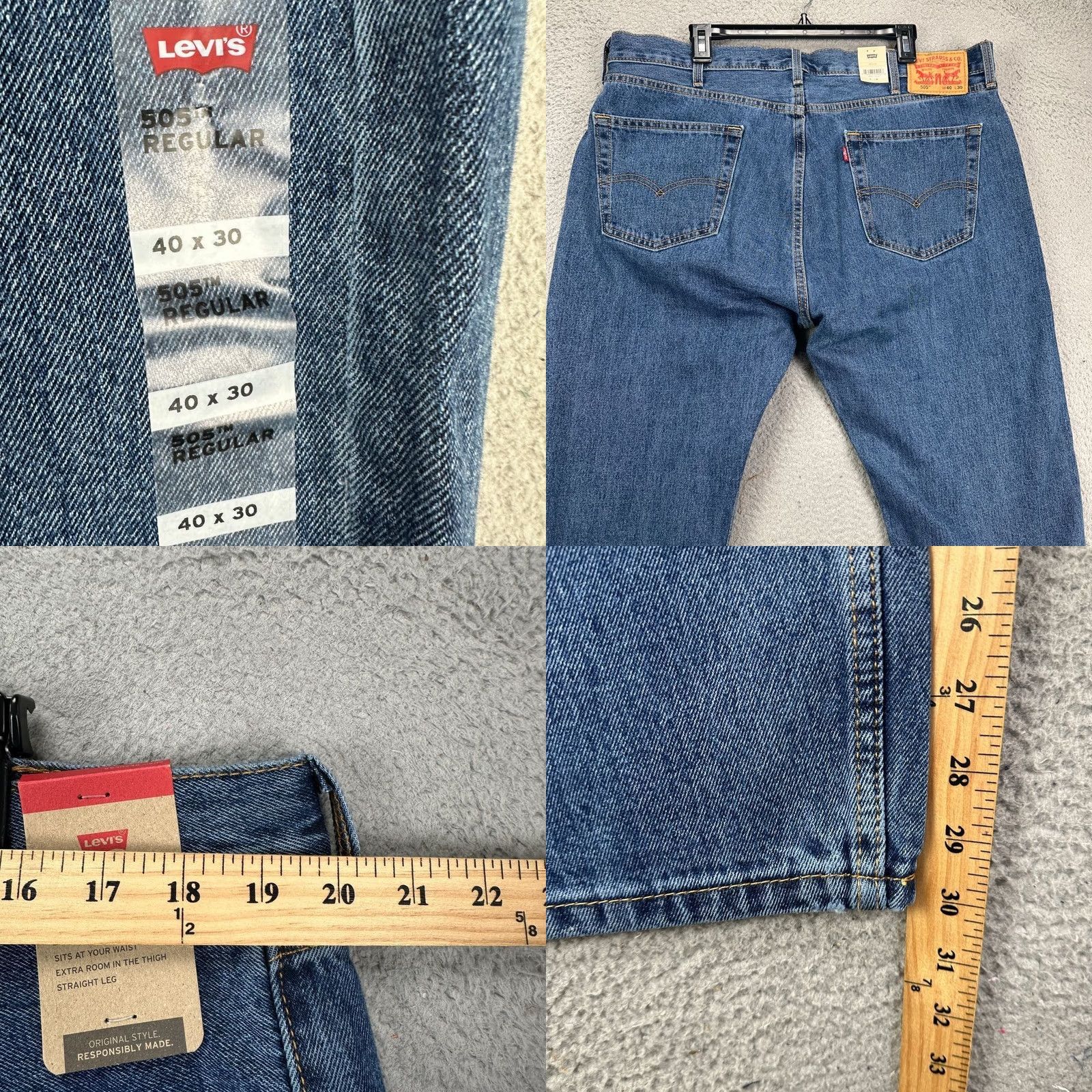 Levi's Levis 505 Jeans Mens 40X30 Blue Denim Regular Straight Leg 5 Pocket Cotton Button NWT Size US 40 / EU 56 - 8 Thumbnail