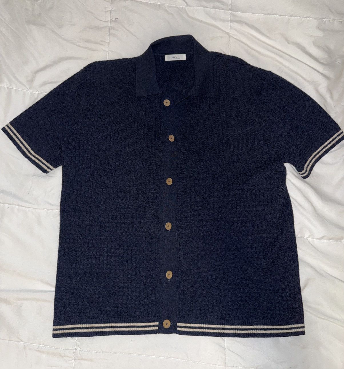 Mr P. Mr P. Ribbed Merino Wool Knit Button Up Shirt Navy Size US M / EU 48-50 / 2 - 1 Thumbnail