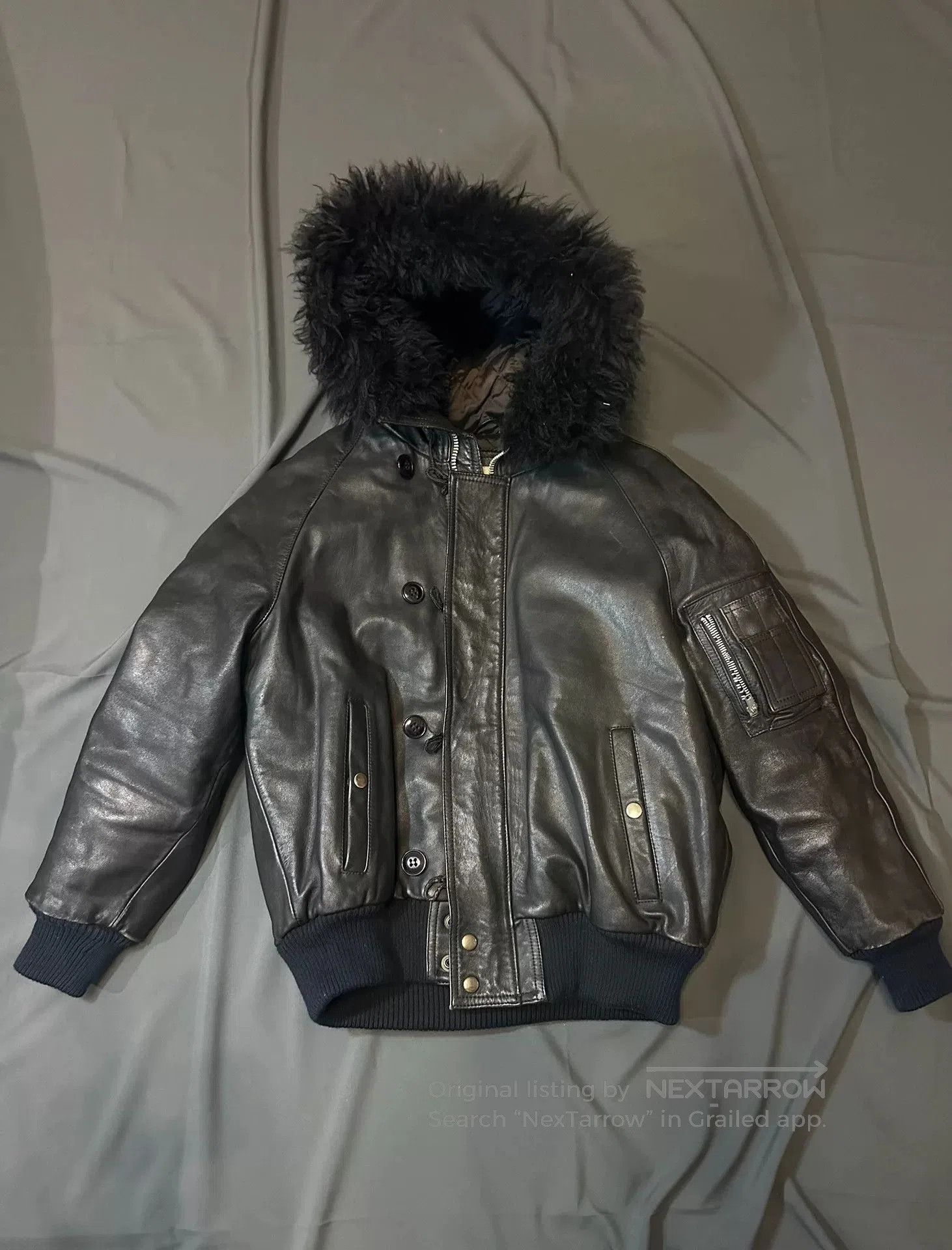 vintage black bomber leather jacket with hood.