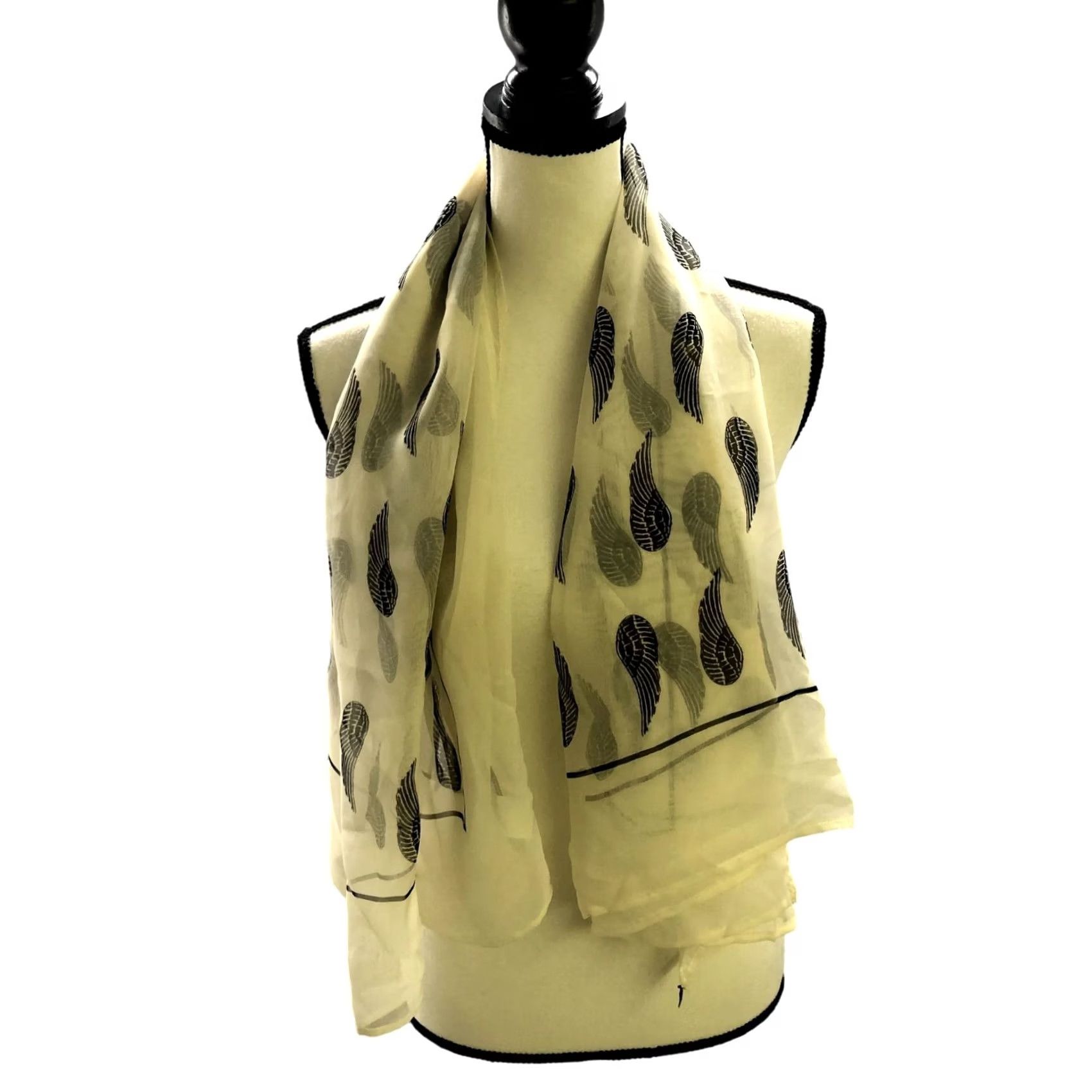 Vintage Donni Charm Silk Blend Scarf Womens Shawl Ivory White Black Feather Print Bohemian Rectangle Scarf Womens One Size Size ONE SIZE - 3 Thumbnail
