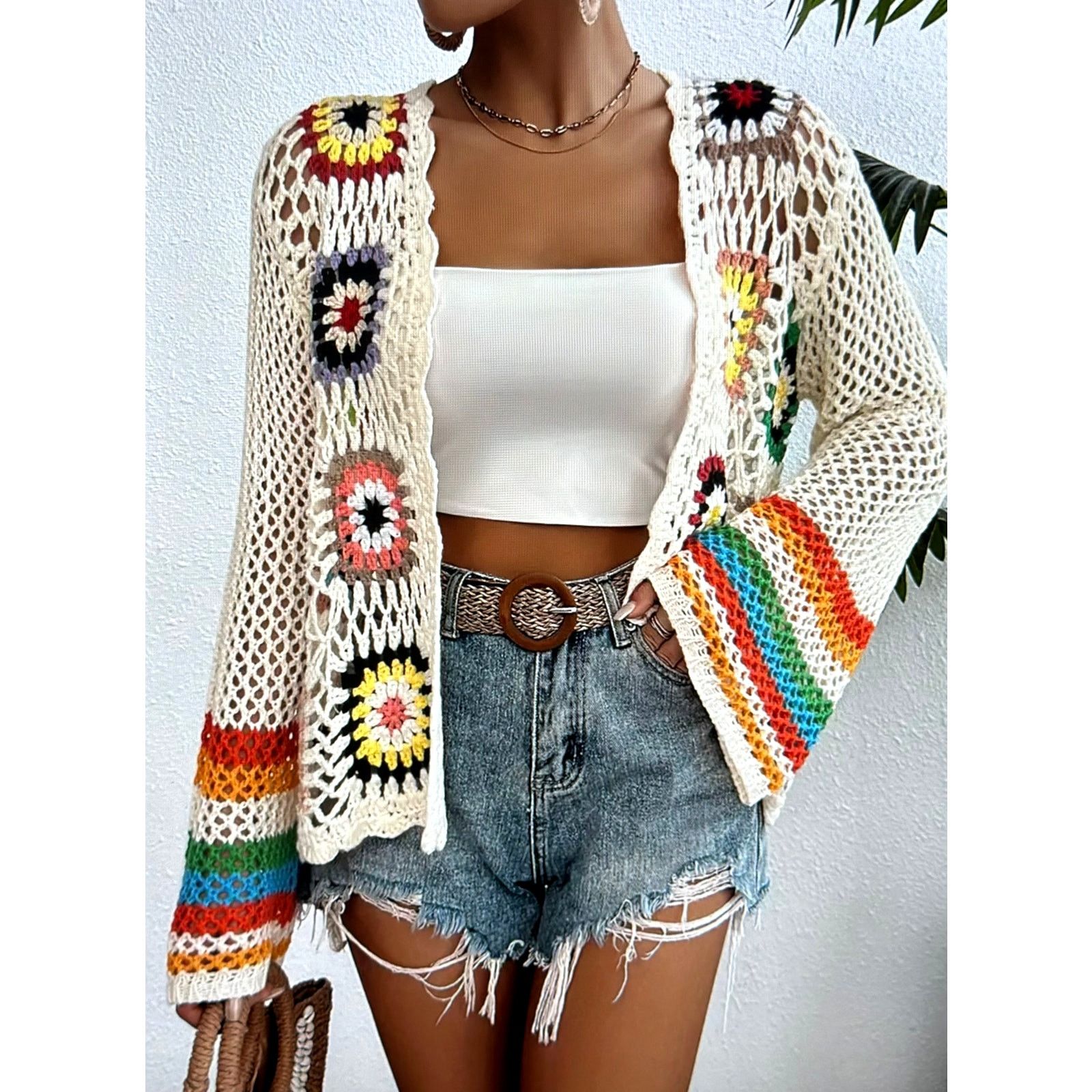 Other Retro Crochet Open Front Boho Cardigan Beige S (4) Size S / US 4 / IT 40 - 4 Thumbnail