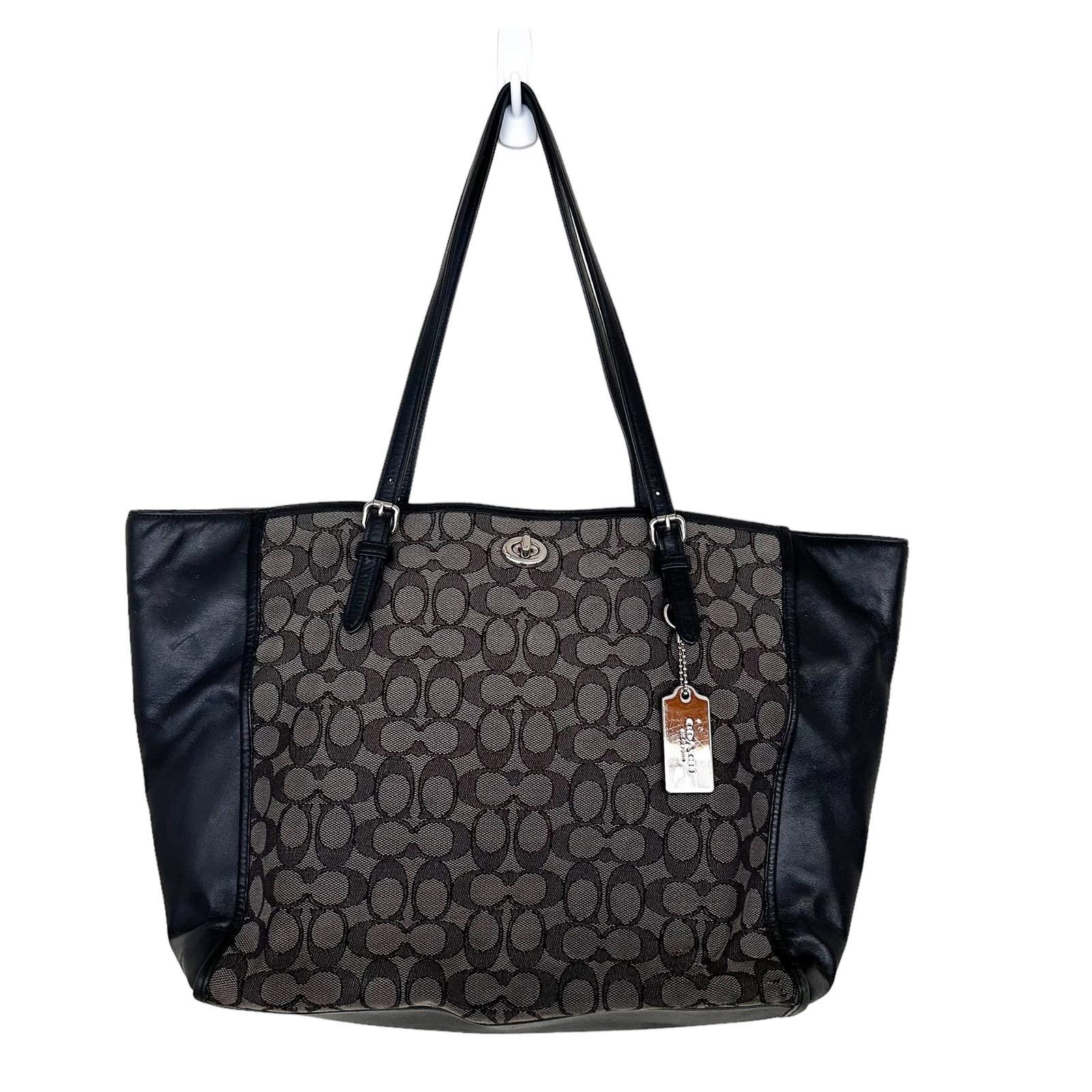 image of Coach Turnlock Signature Jacquard Monogram Black Gray Tote, Women's