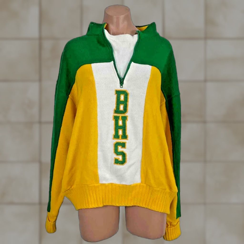 VINTAGE Midwest Cheerleading Sweater Shirt XL 1980s Green Yellow Gold 1/4 Zip Multicolor Womens/Ladies?