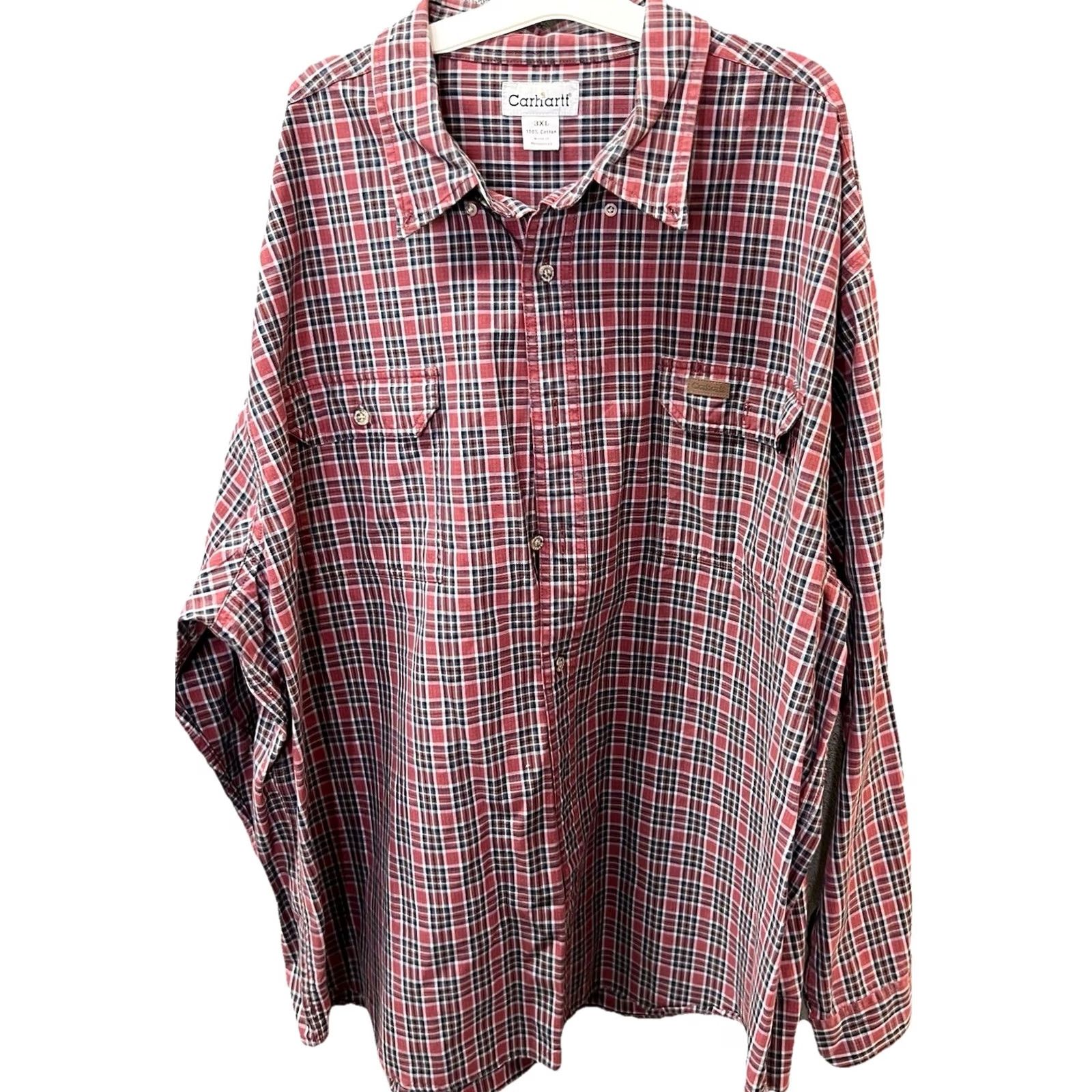 Carhartt Carhartt Mens 3XL Plaid Button-Up Work Shirt Long Sleeve Cotton Red Size US XXL / EU 58 / 5 - 2 Thumbnail
