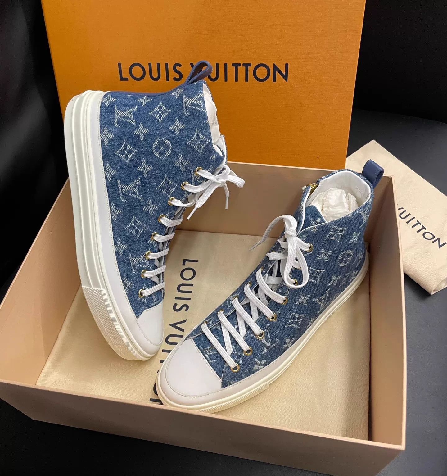 Louis Vuitton LV Monogram Denim Blue High-Top Canvas Sneakers Size 42 Size US 9 / EU 42 - 3 Thumbnail