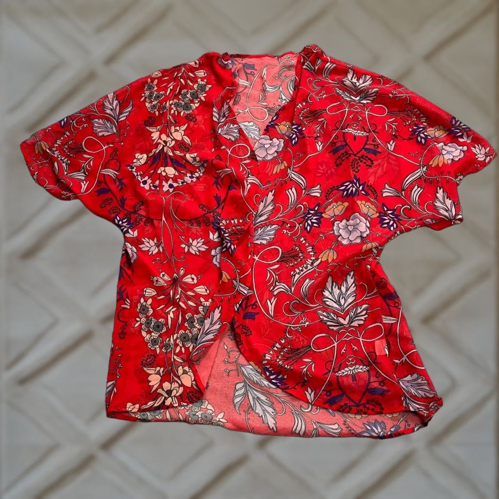 Vintage Unbranded Kimono Blouse Womens XL 3/4 Sleeve Floral Open Front Round Neck Knit Polyester Red Clothing Top Size XL / US 12-14 / IT 48-50 - 1 Thumbnail
