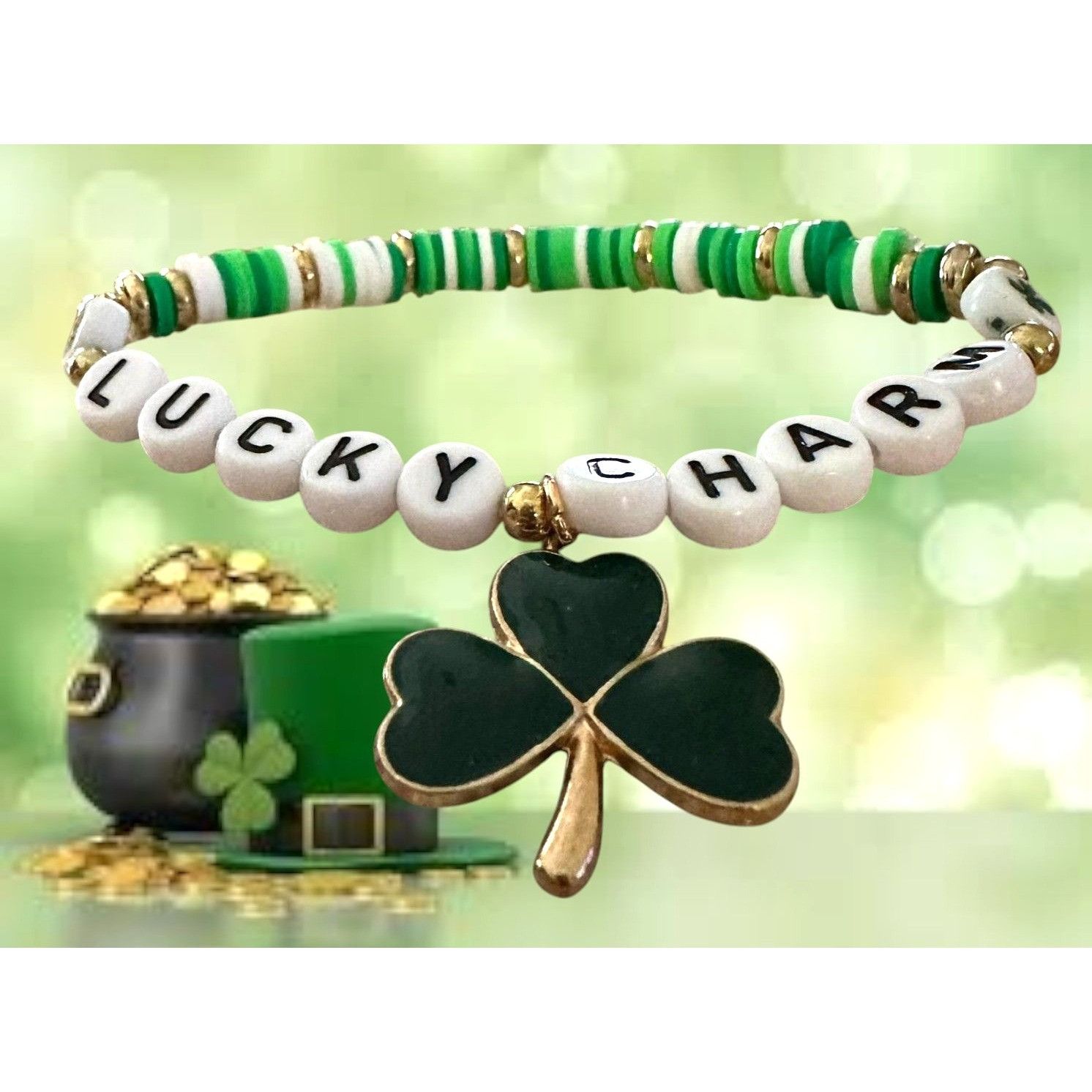 Handmade St Patricks Day Bracelet New Beaded Shamrock Lucky Charm New Size ONE SIZE - 1 Thumbnail