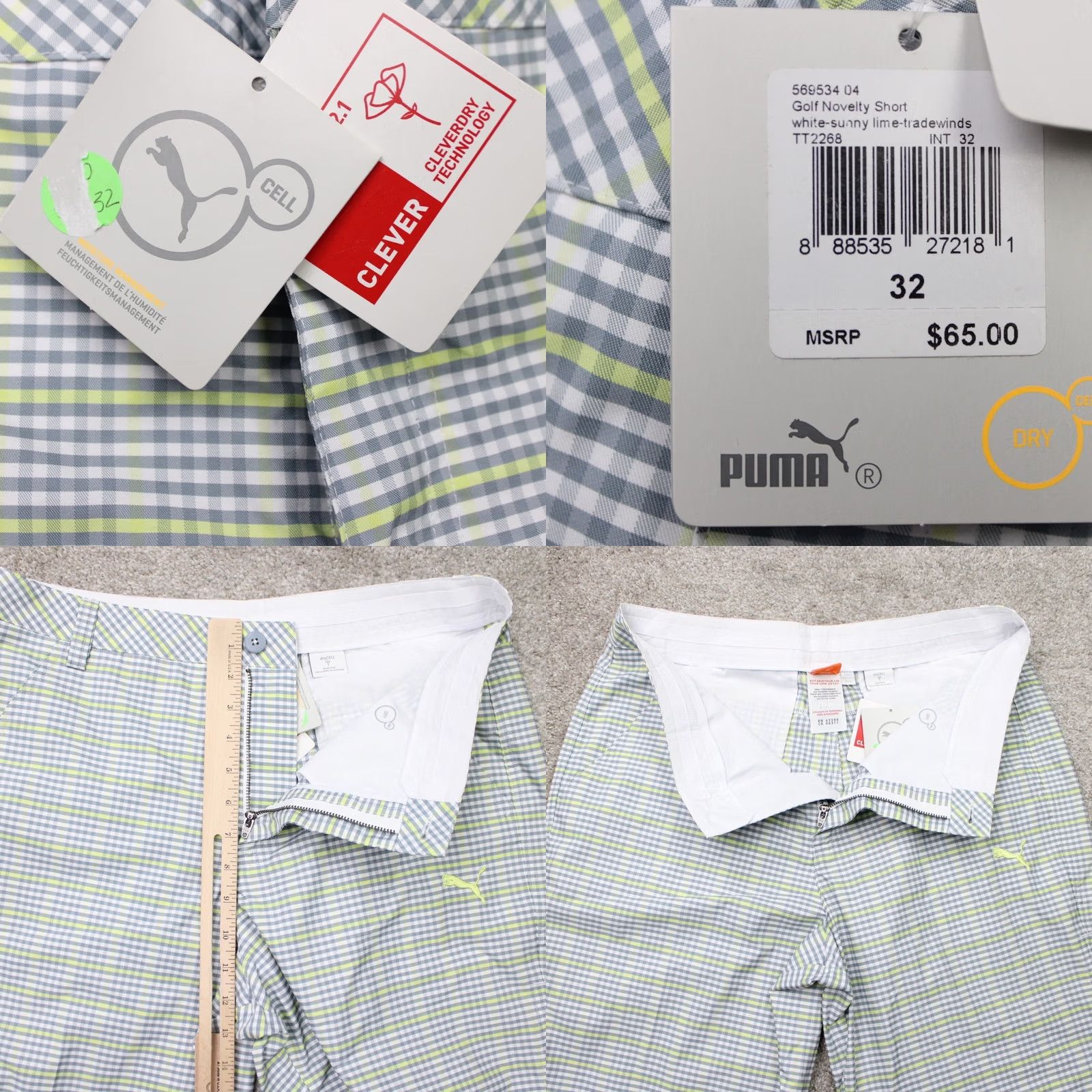 Puma Puma Shorts Mens 32 Gray Yellow Checkered Dry Cell CleverDry Pockets Knit Inseam 11in Regular Size US 32 / EU 48 - 8 Thumbnail