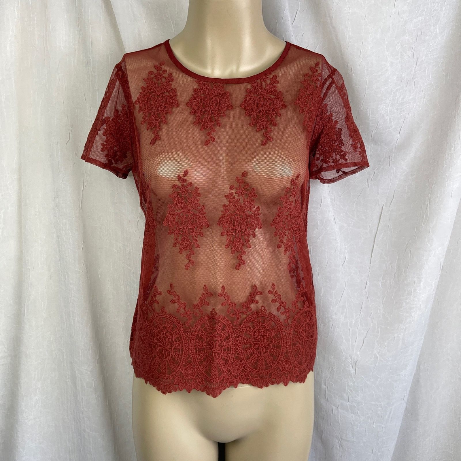 Forever 21 Rust Sheer Mesh Lace T Shirt Scalloped Hem Forever 21 Small Size S / US 4 / IT 40 - 1 Thumbnail