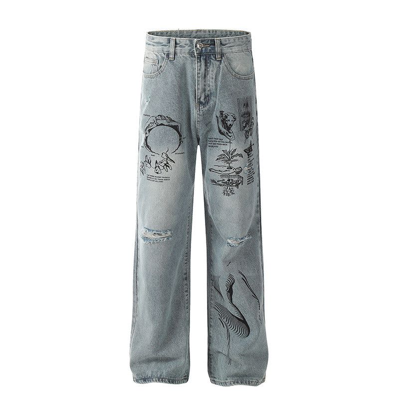 Jean American retro street graffiti print ripped jeans for men Size US 32 / EU 48 - 1 Thumbnail