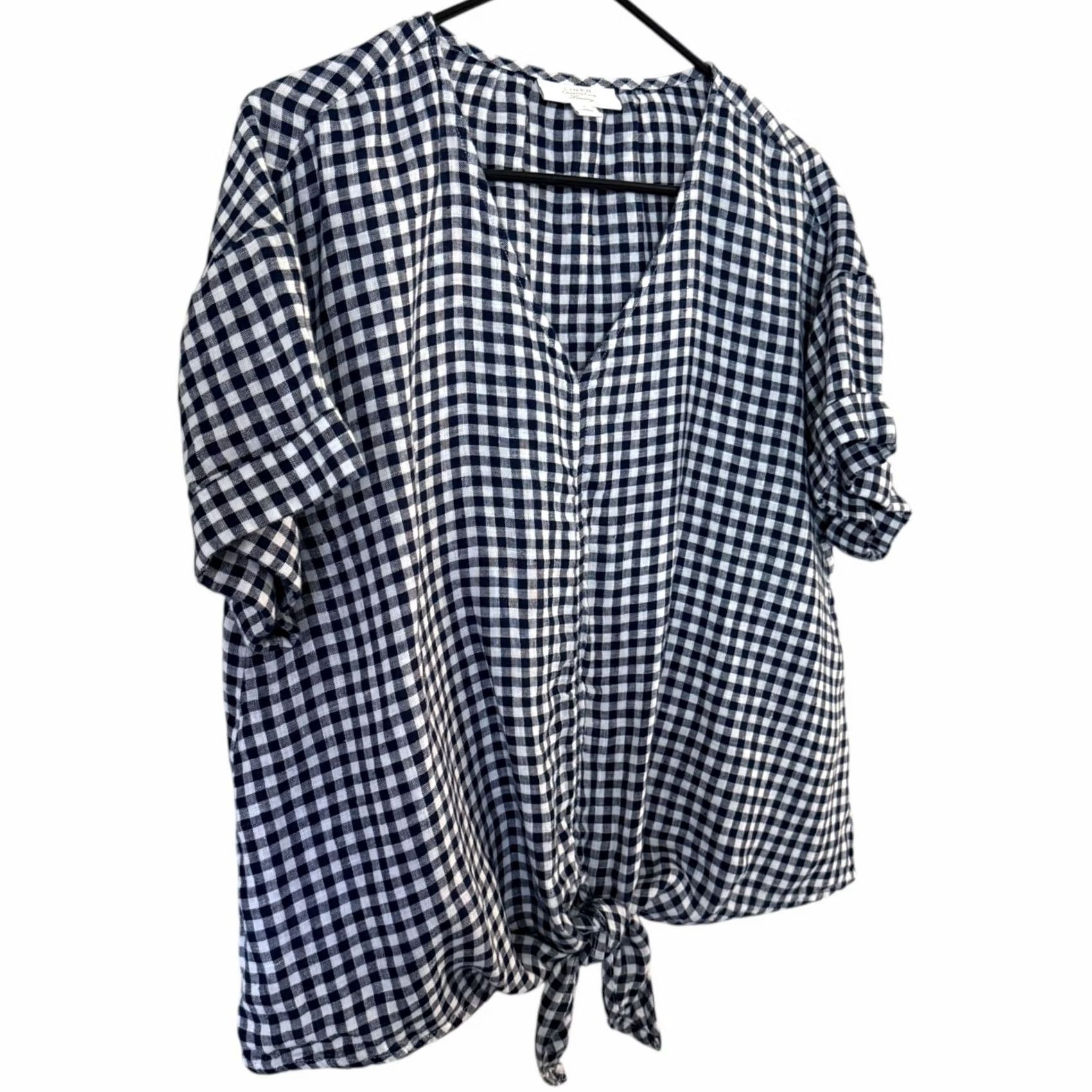 Charter Club Charter Club Linen Tie-Waist Gingham V-Neck Top Blue & White Women's Large Blouse Size L / US 10 / IT 46 - 3 Thumbnail